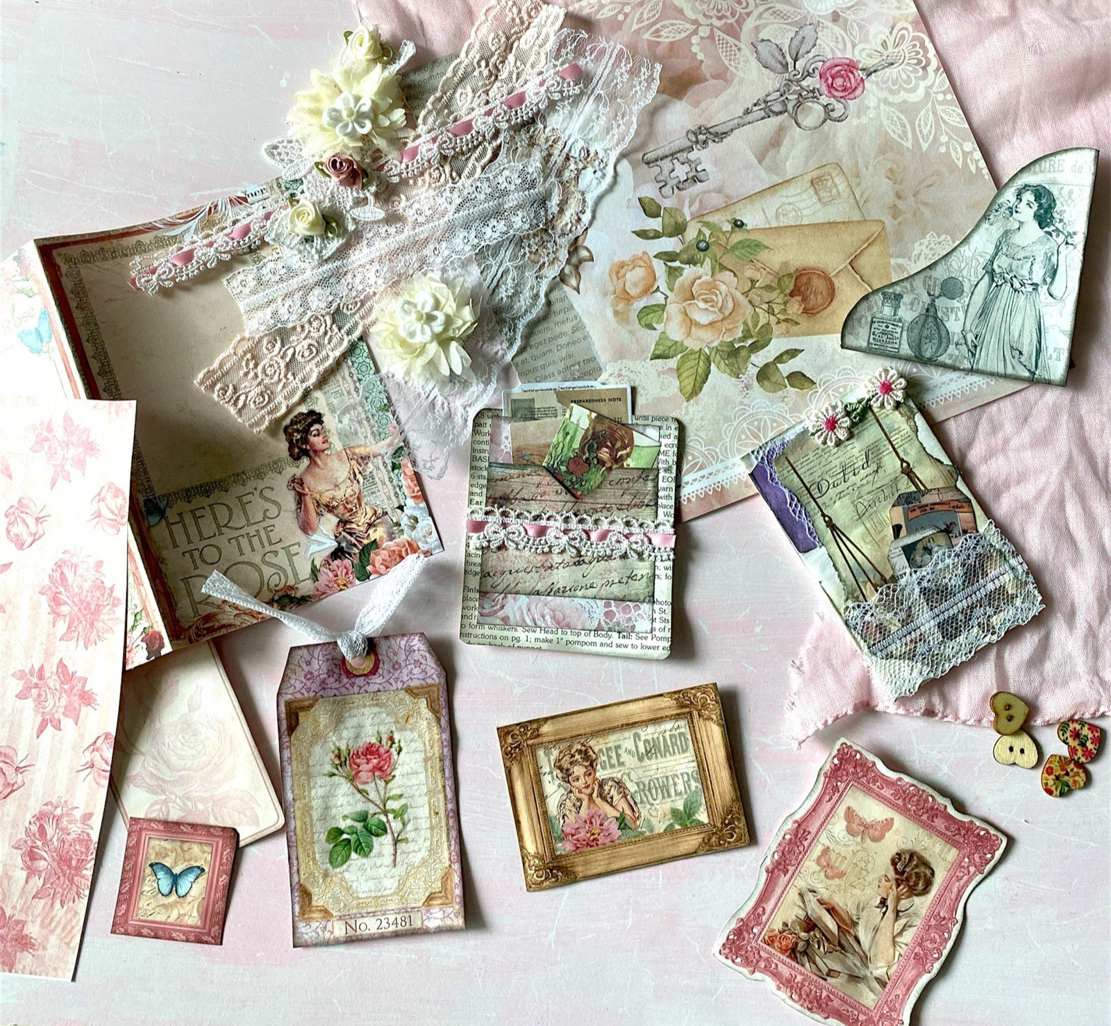 10pc Shabby Chic Handmade Junk Journal Making Kit Ephemera, Lace, Cards, Pockets
