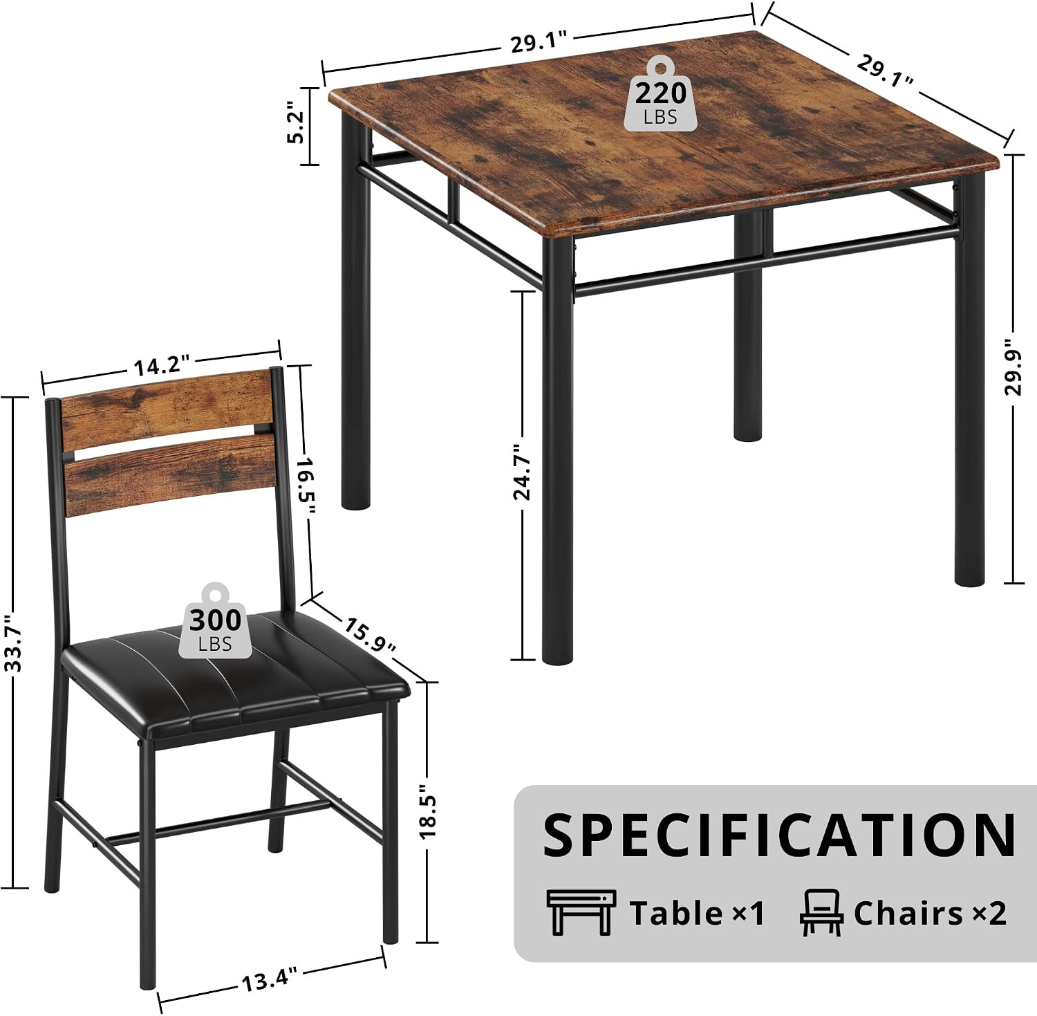 Dining Table Set for 2, Small Kitchen Table with Upholstered Chairs Dinning Tabl