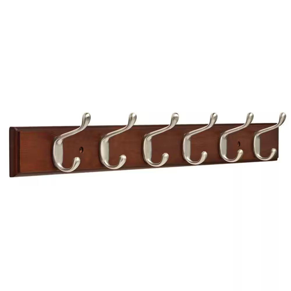 Napier 26-1/2 In. L, Wood and Zinc 100 Lb. Load Capacity Classic Hook Rail, 6-Sa