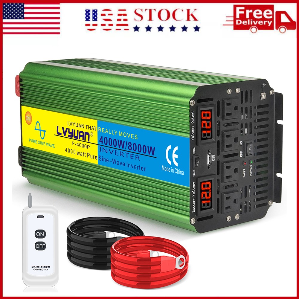 4000W 8000W Pure Sine Wave Power Inverter 12V to 110V 4AC USB Remote Converter