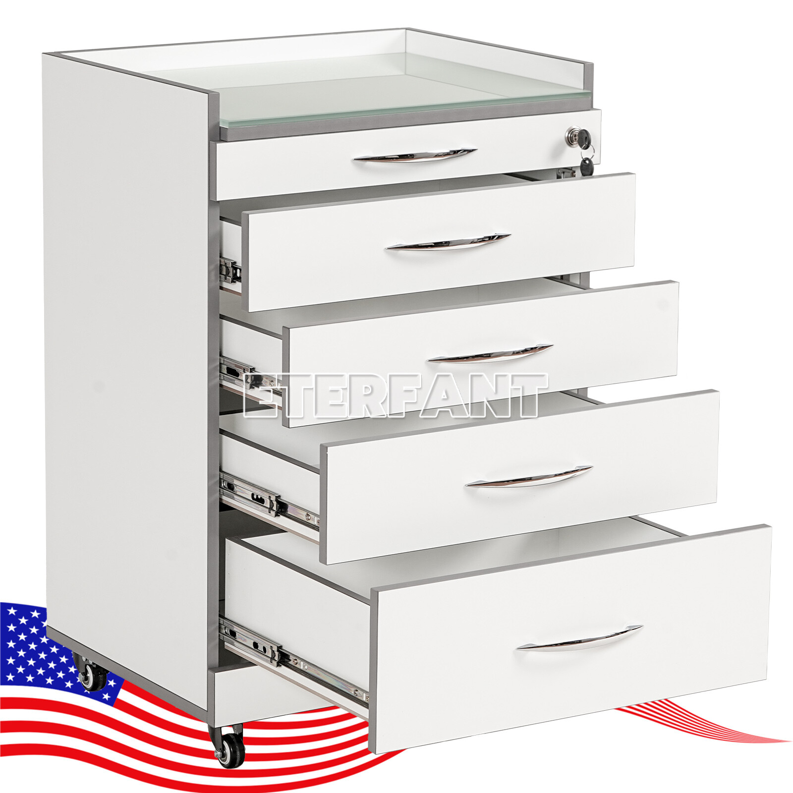 Dental Storage Rolling Cart 4Drawers w/Socket Wooden Cabinet Tempered Glass Top