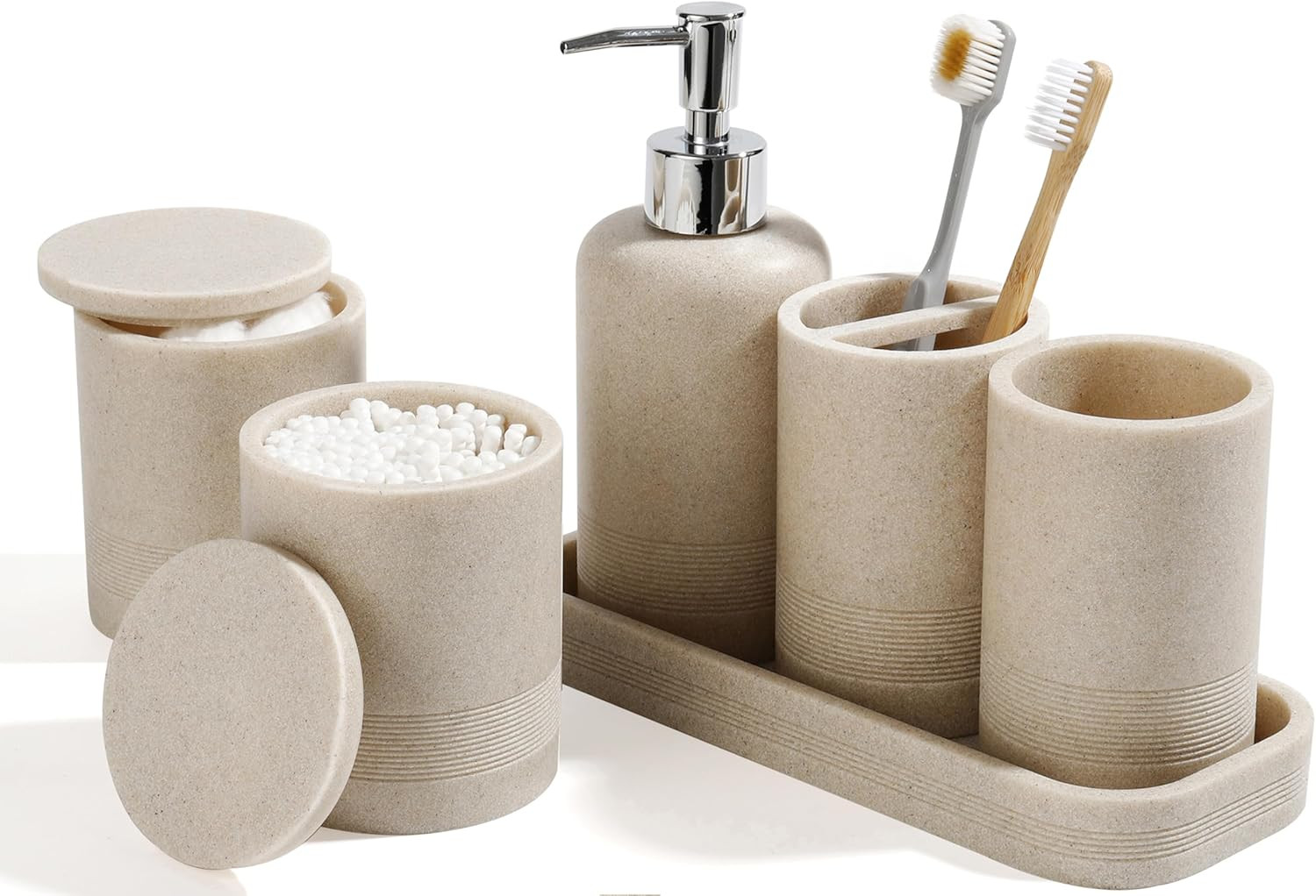 6-Piece Modern Bathroom Accessories Set in Beige - Organizer & Dispenser