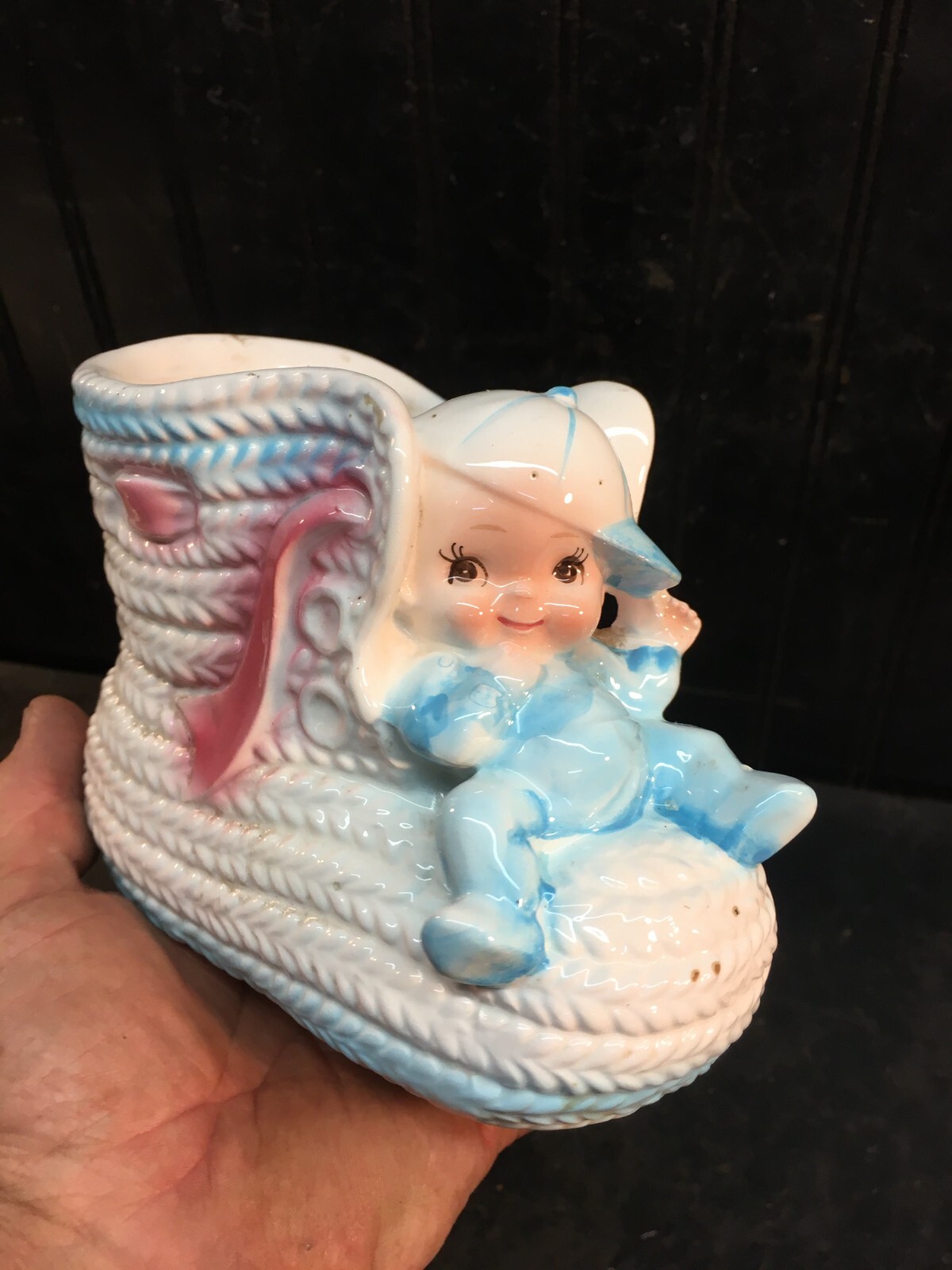 Relpo Ceramic Planter Base ball player in baby Boot 6in Nursery Planter Relpo