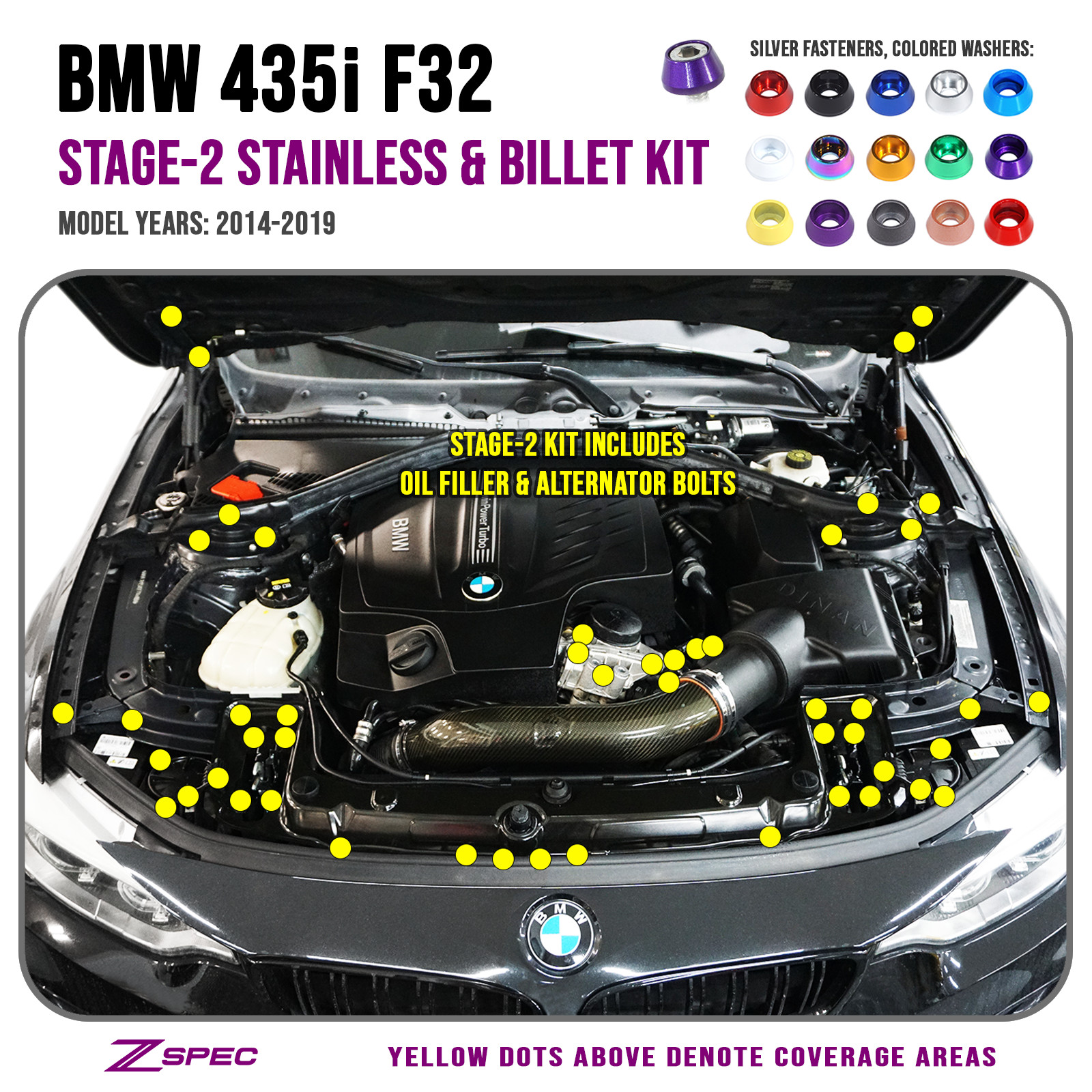 ZSPEC Stage-2 Dress Up Bolts® Fastener Kit for '14-19 BMW 435i F32 3.0T, Stainle