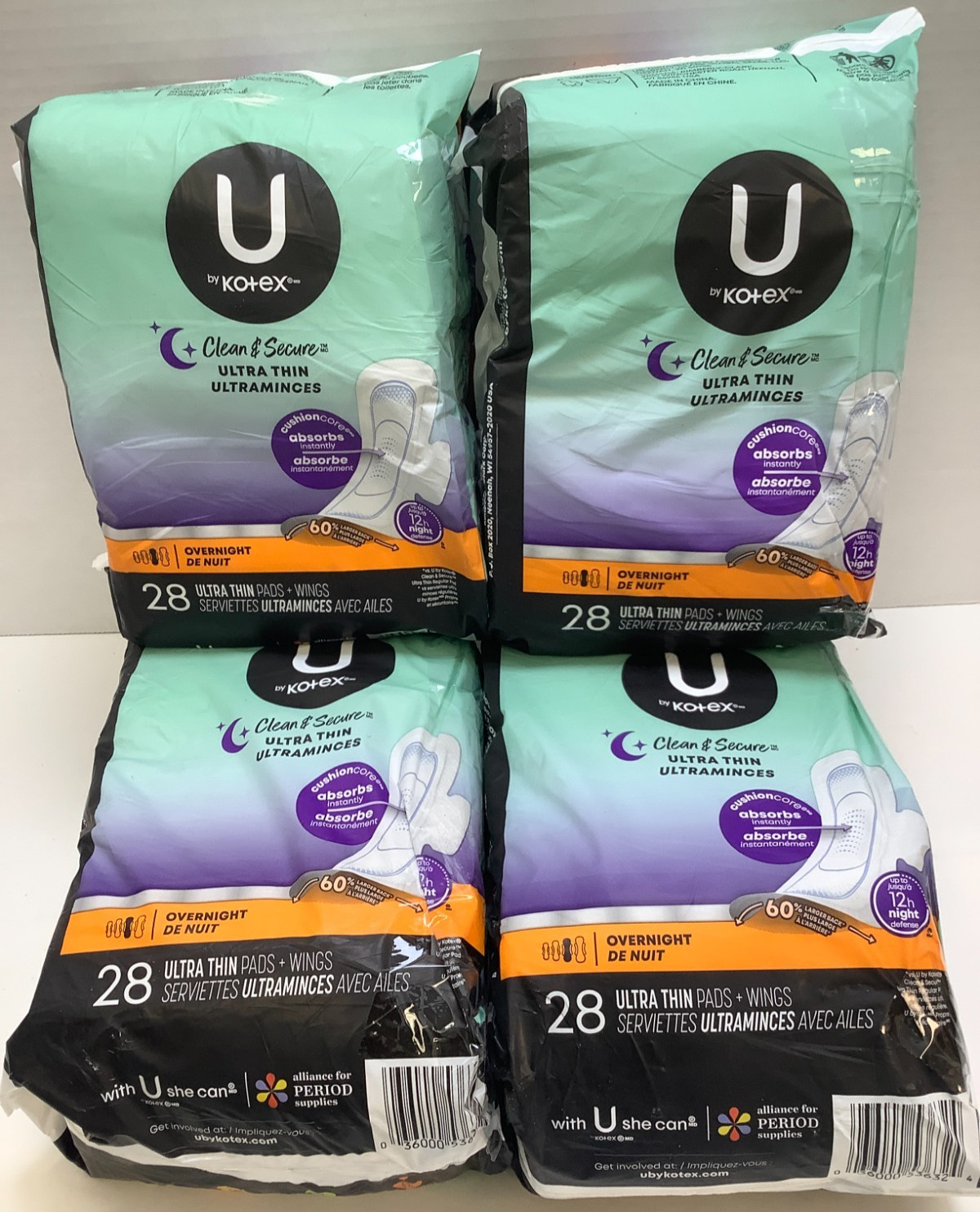 U by Kotex Clean & Secure Ultra Thin Overnight Pads w/Wings, 28ct, Lot of 4