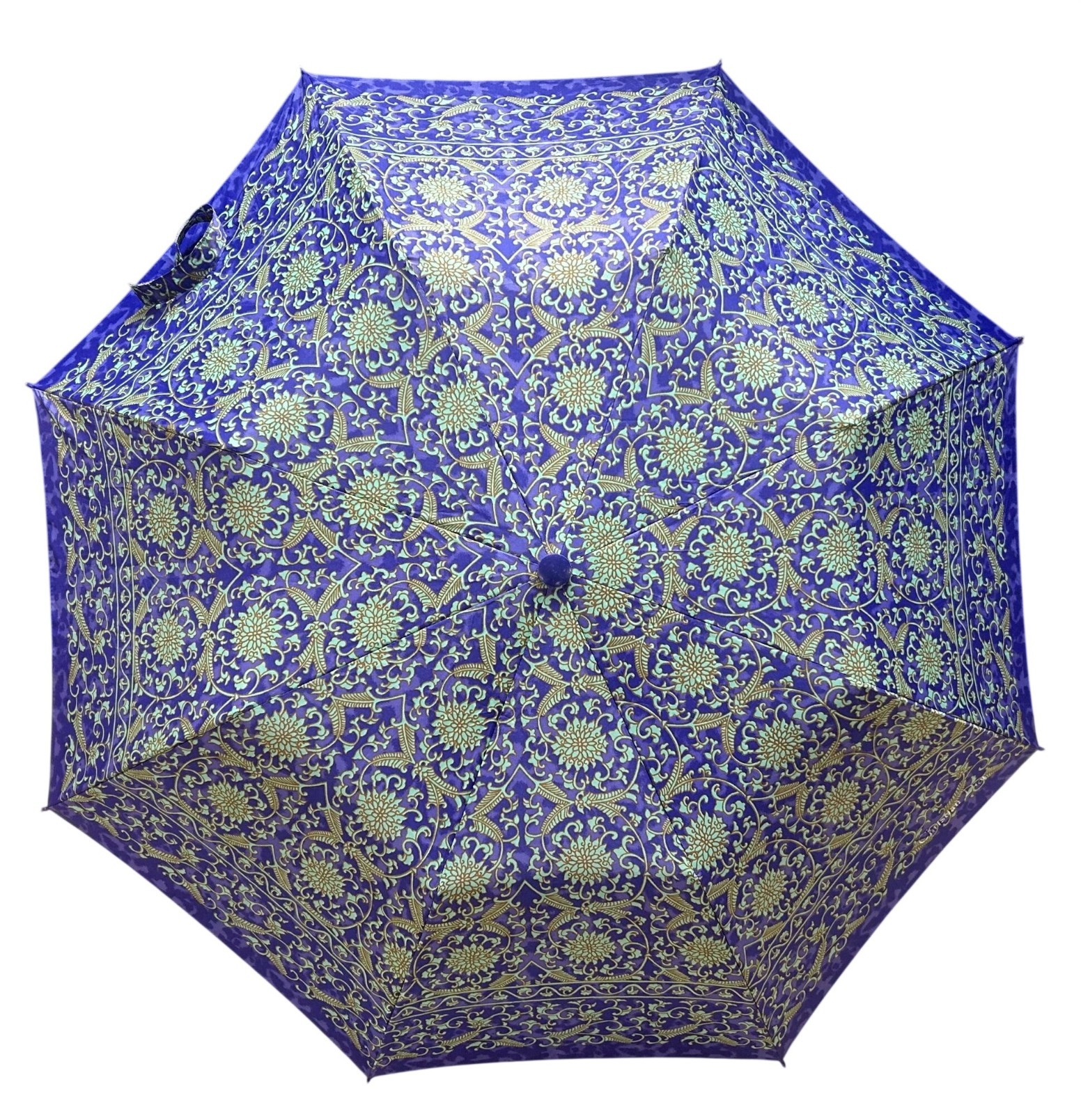Vintage Christian Dior Purple Blue Gold Green Floral Print Umbrella With CD Hand