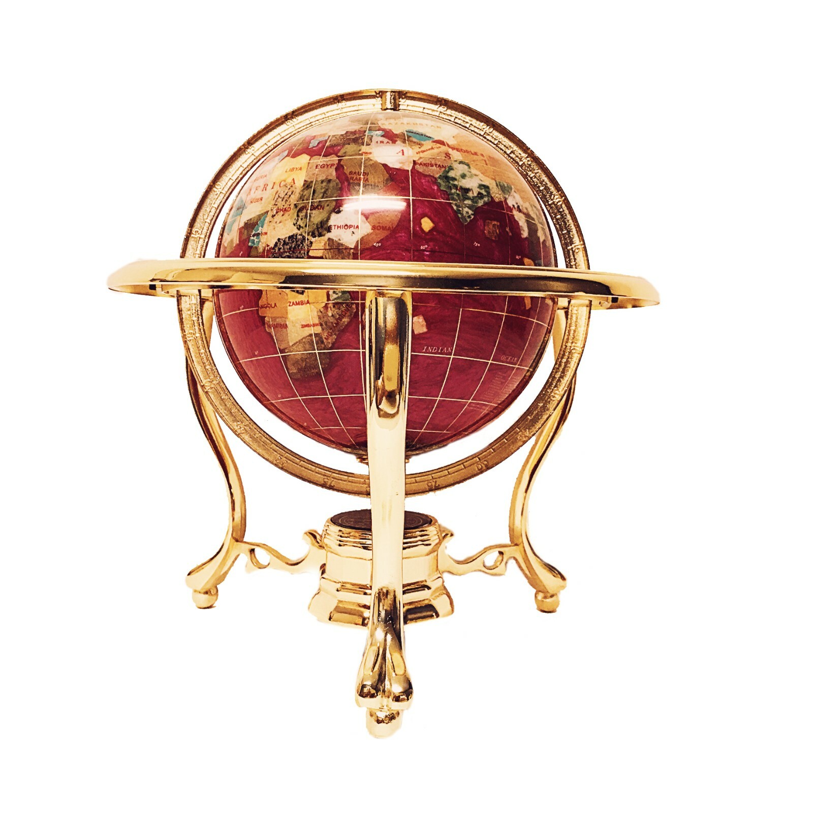 10" Tall Table Top Rosy Pink Pearl Swirl Ocean Gemstone World Globe Tripod Gold