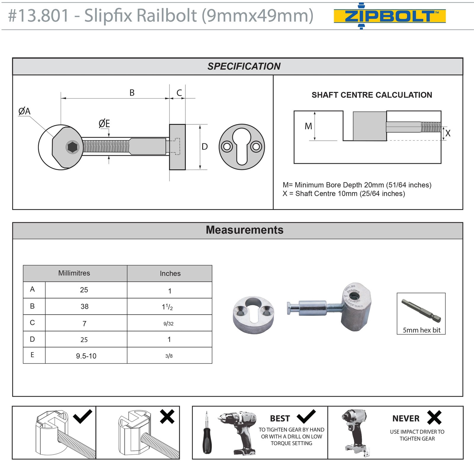 Zipbolt 13.810 Slipfix Railbolt — Staircase Handrail Post to 1 Pack