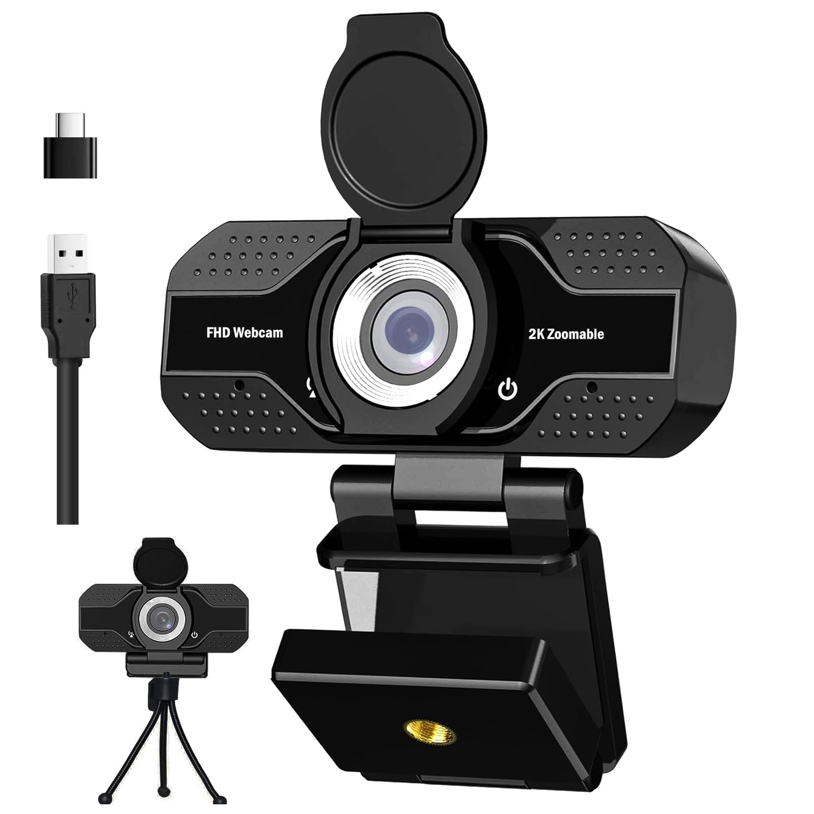 2K HD Webcam with Microphone, Noise Cancellation, Privacy Cover, Wide-Angle L...