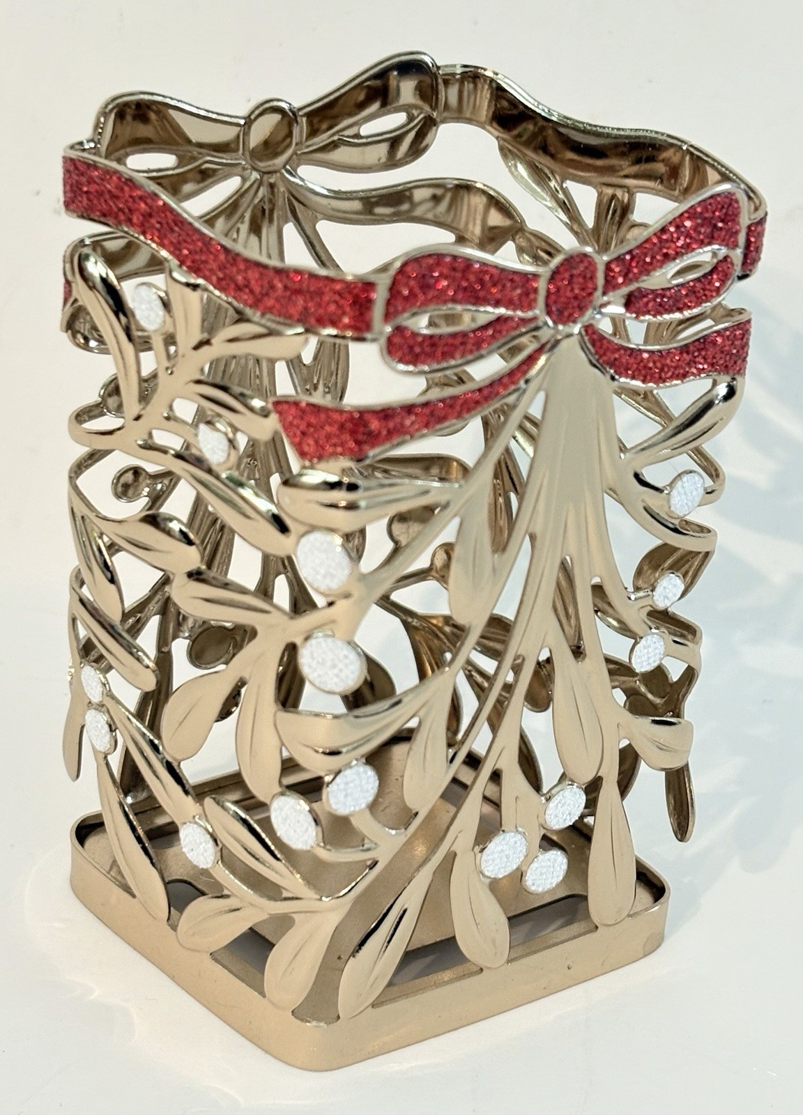 Bath Body Works Gold Mistletoe Red Bow Christmas Candle Holder 4.25" x 2.25"