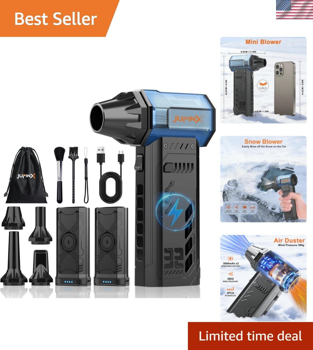 Rechargeable 3-Speed Air Duster & Snow Blower - Includes 4 Nozzles | 2 Batteries