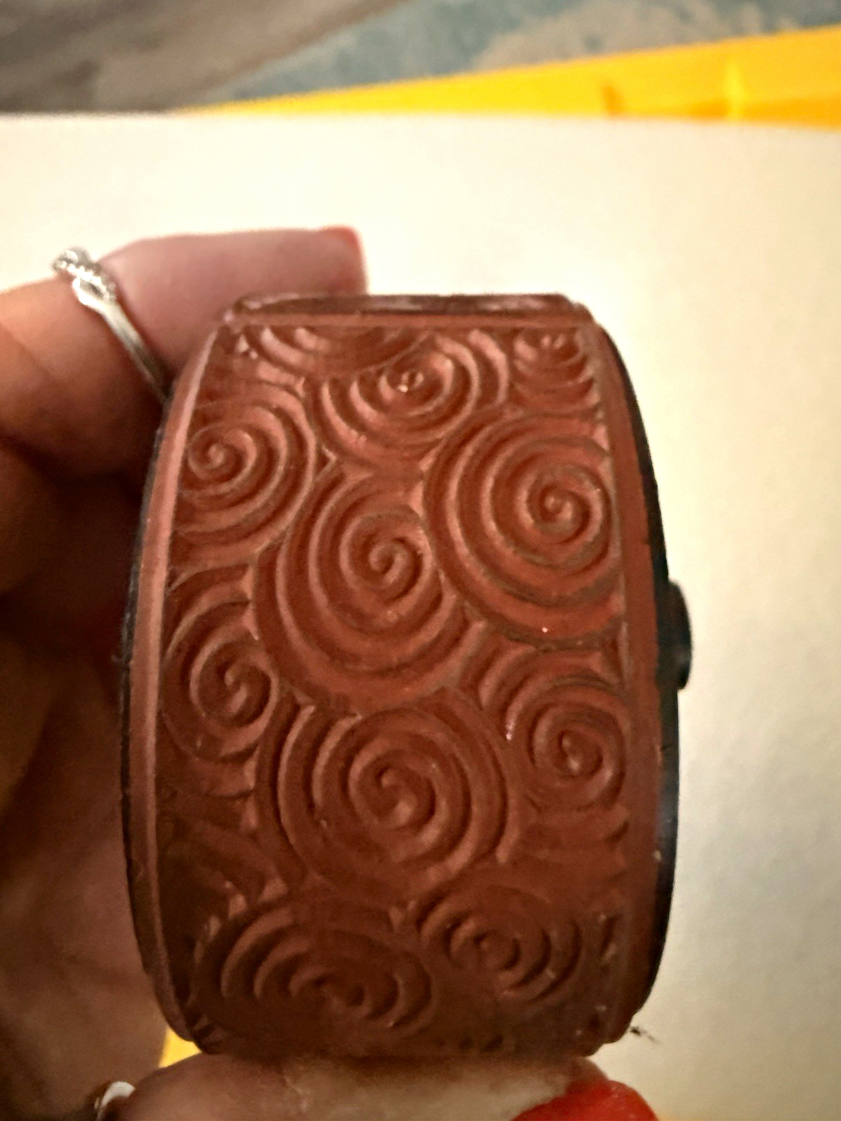 Brown Embossed Swirl Pattern Wide Cuff Bracelet Bangle, No Stone