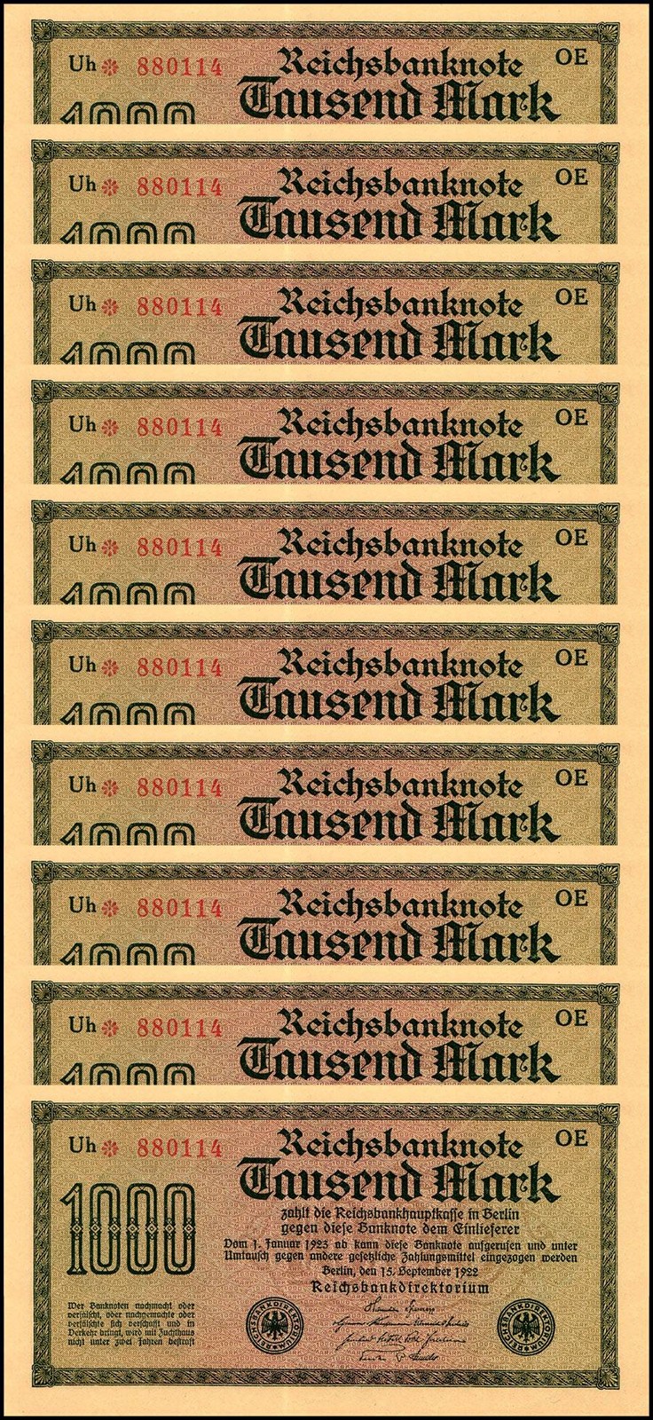 Germany 1000 Mark, 1922, P-76b, UNC X 10 PCS