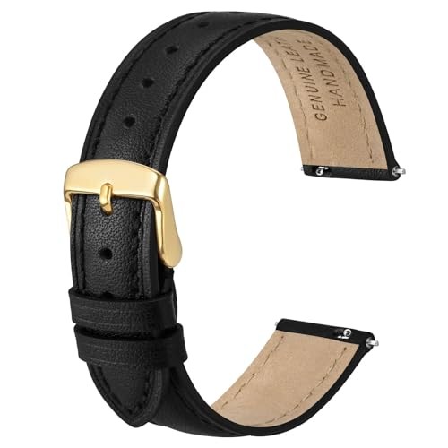 Flat Thin Elegant Genuine Leather Watch 12mm Black with Gold Buckle