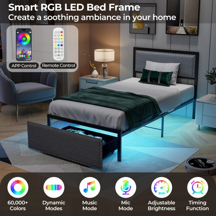 Twin Size Upholstered Bed Frame w/ LED Light Rolling Storage Drawer & Metal Slat