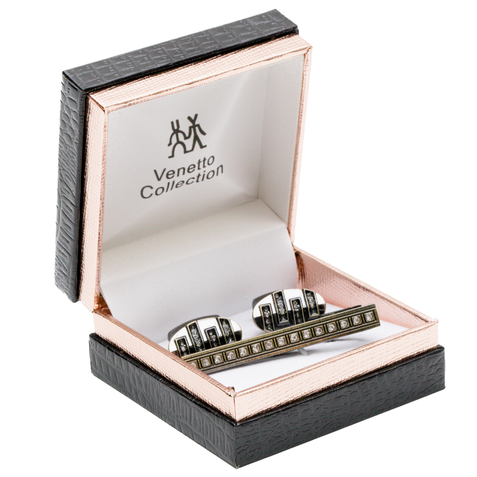 CO-607 Venetto Collection Cuff Links & Tie Bar Faux Gold Faux Diamonds Design