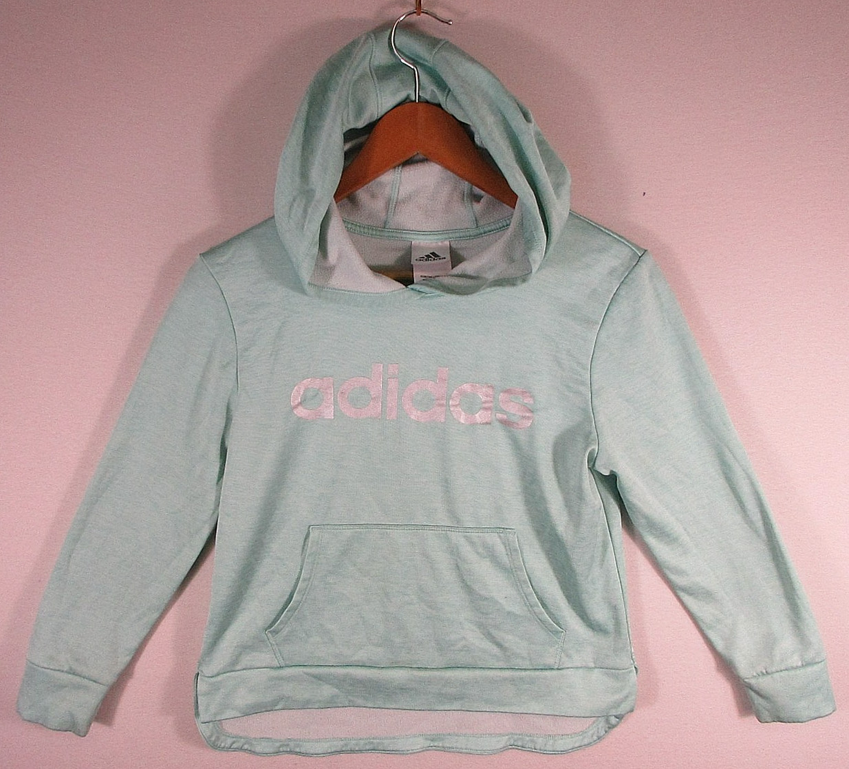 Adidas Big Girls Pullover Fleece Hoodie Long Sleeve Pockets Size XL Light Blue