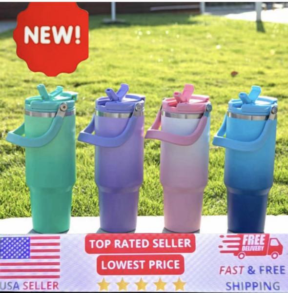 30oz Insulated Stainless Steel Tumbler with 2-In-1 Flip Straw/ Handle Vacuum Mug
