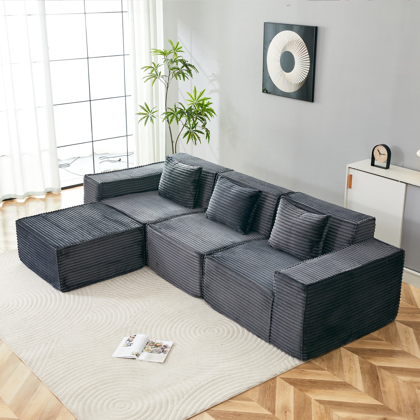 L-Shaped Modular Sectional Sofa, 3-Seater with Ottoman, Striped Corduroy Fabric,