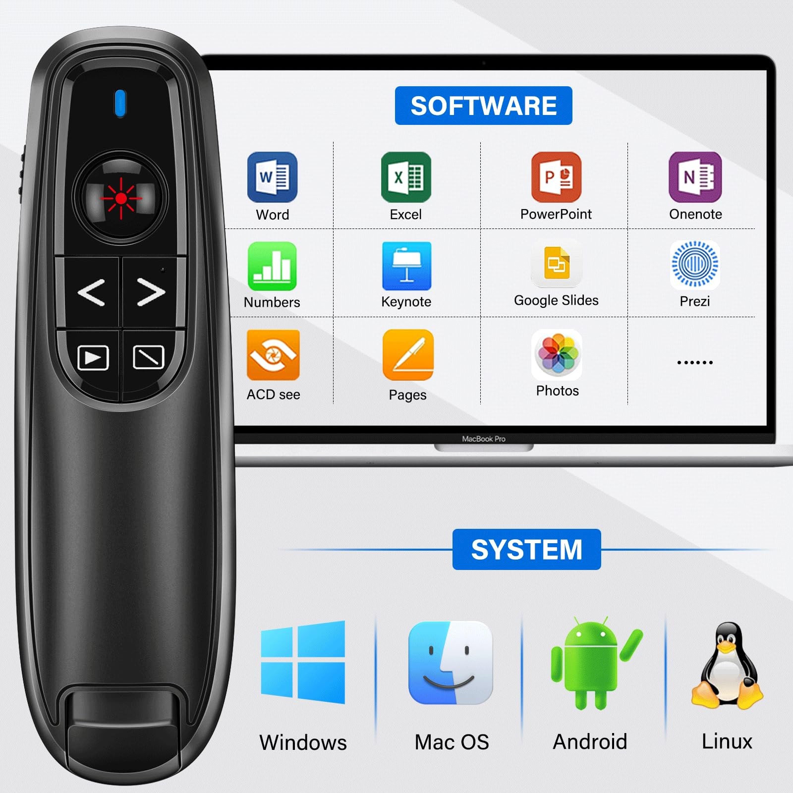 2-in-1 USB Type C Presentation Clicker, Wireless F10, A-black