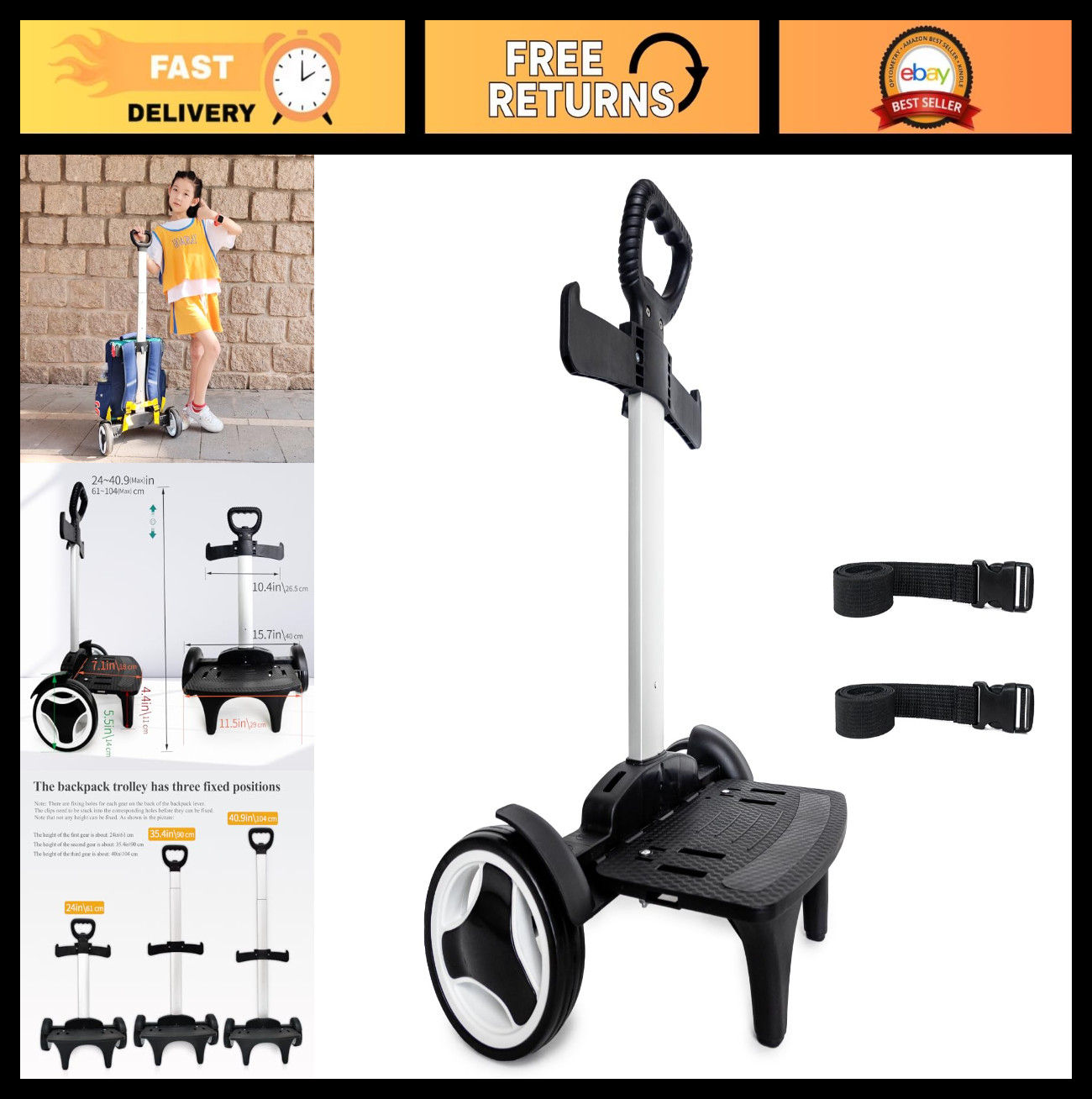 Wheeled Backpack Trolley Cart, Noiseless Large Wheels, Folding Hand Truck with L