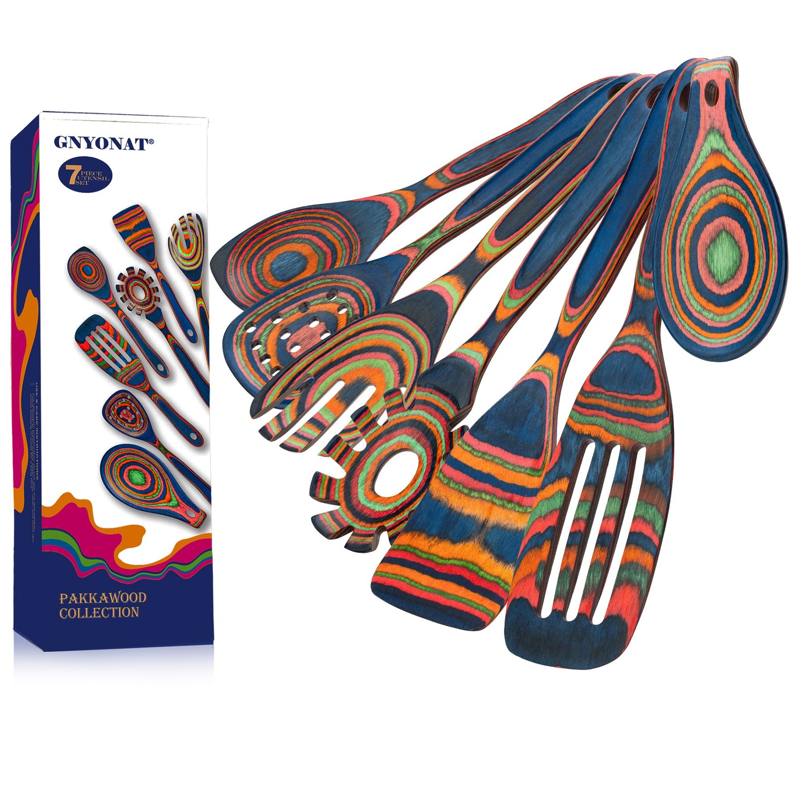 Pakkawood Blue Wooden Kitchen Utensil Set, 7-Piece Cooking Spoons, Non-Stick