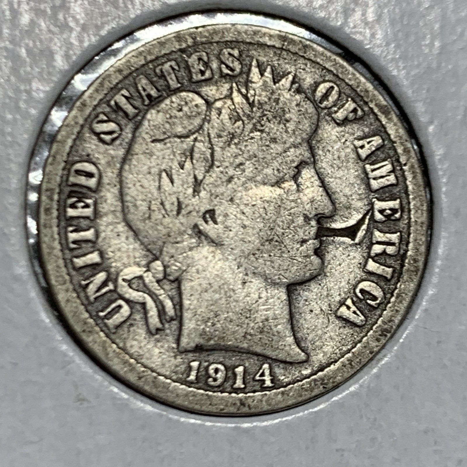 1914 BARBER DIME ~ "STRUCK THROUGH" ERROR! VG-FINE!
