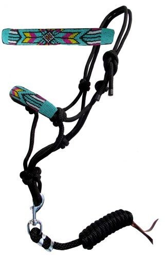 COWBOY KNOT HALTER Teal Bright Yellow Hot Pink Beaded Noseband 7' Removable Lead