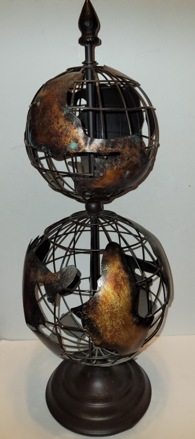Metal Iron Double Globe Rustic Bronze Armillary Sphere 24" Tabletop Decor Vtg