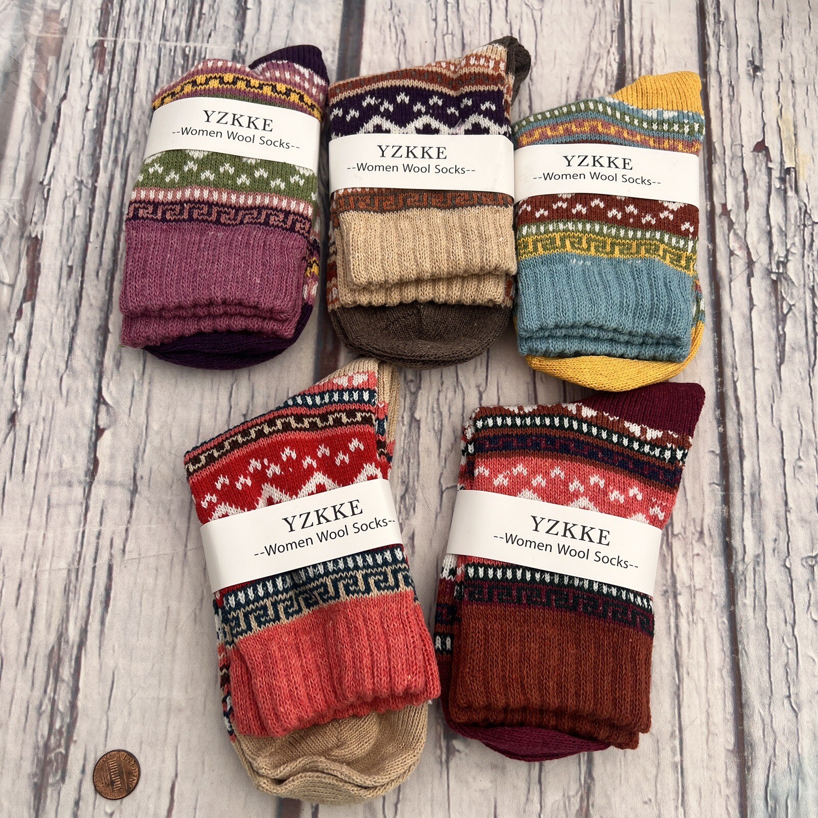 5Pairs Womens Vintage  Soft Warm Thick Cold Knit Wool Crew Socks, Multicolor