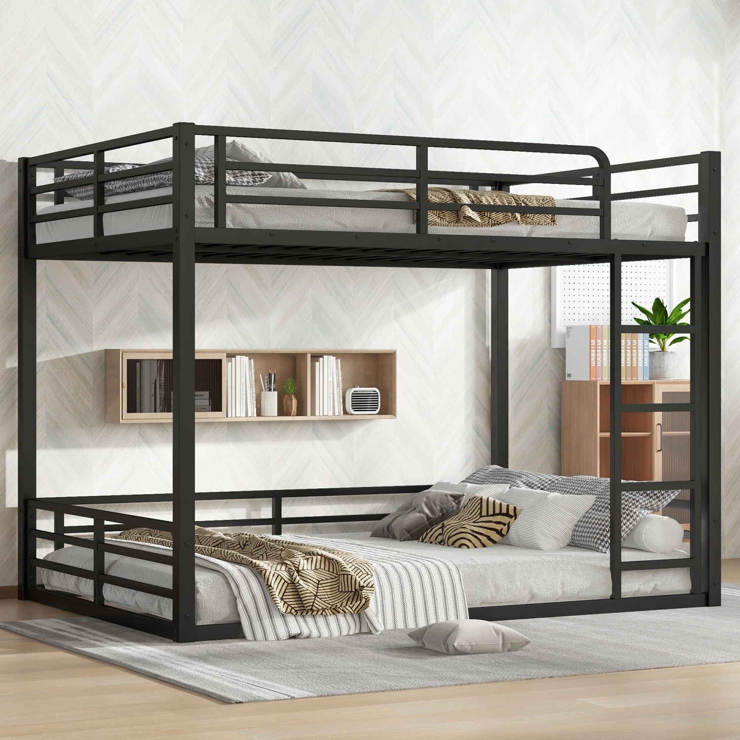 Full Over Full Metal Bunk Bed Full Size Metal Bed Frame with Ladder Black