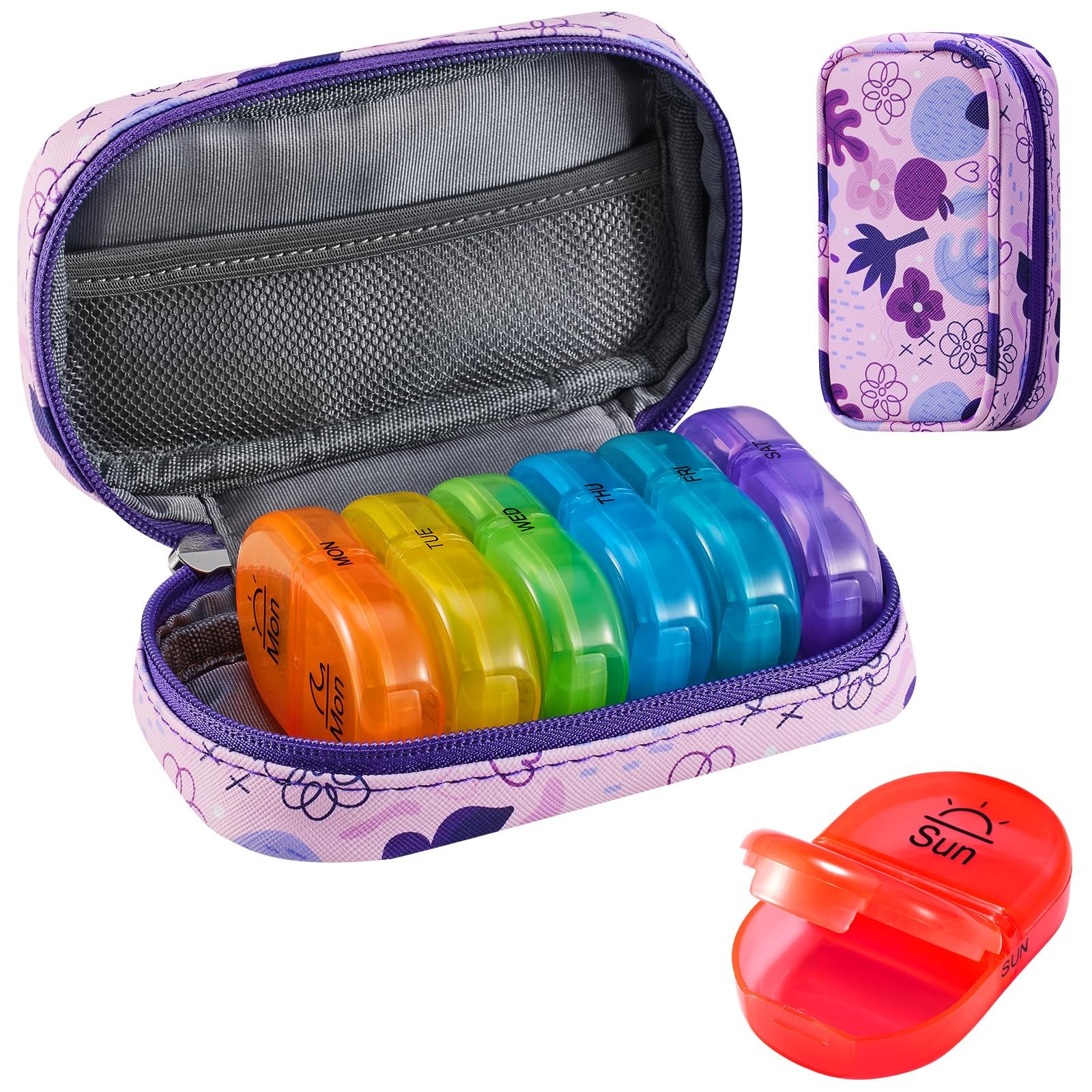 Serfeymi Weekly Travel Pill Organizer 2 Times A 1 Set PU Case, B Pu Purple 02