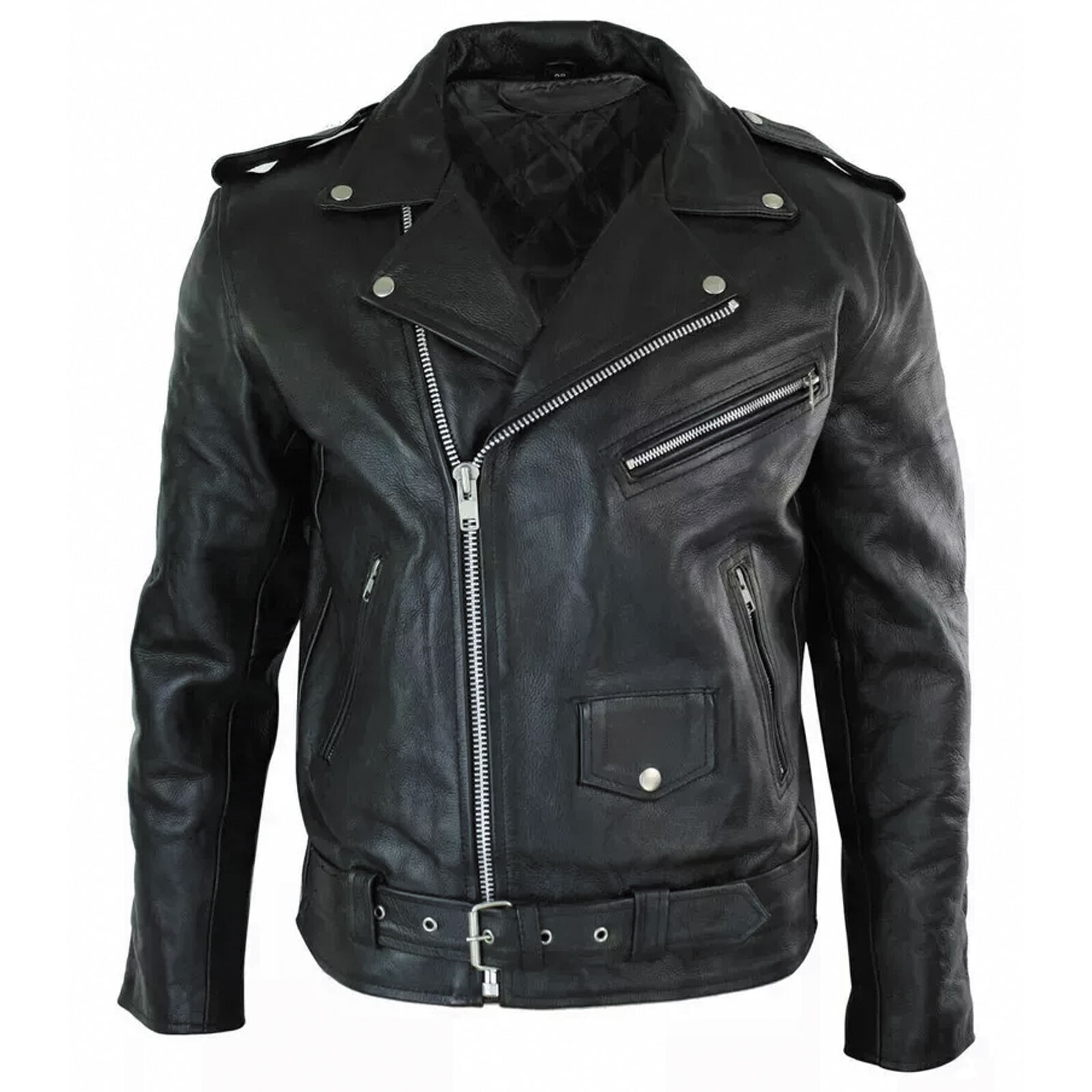 Men's Motorcycle Leather jacket Genuine Cowhide Classic Brando Style Black Biker