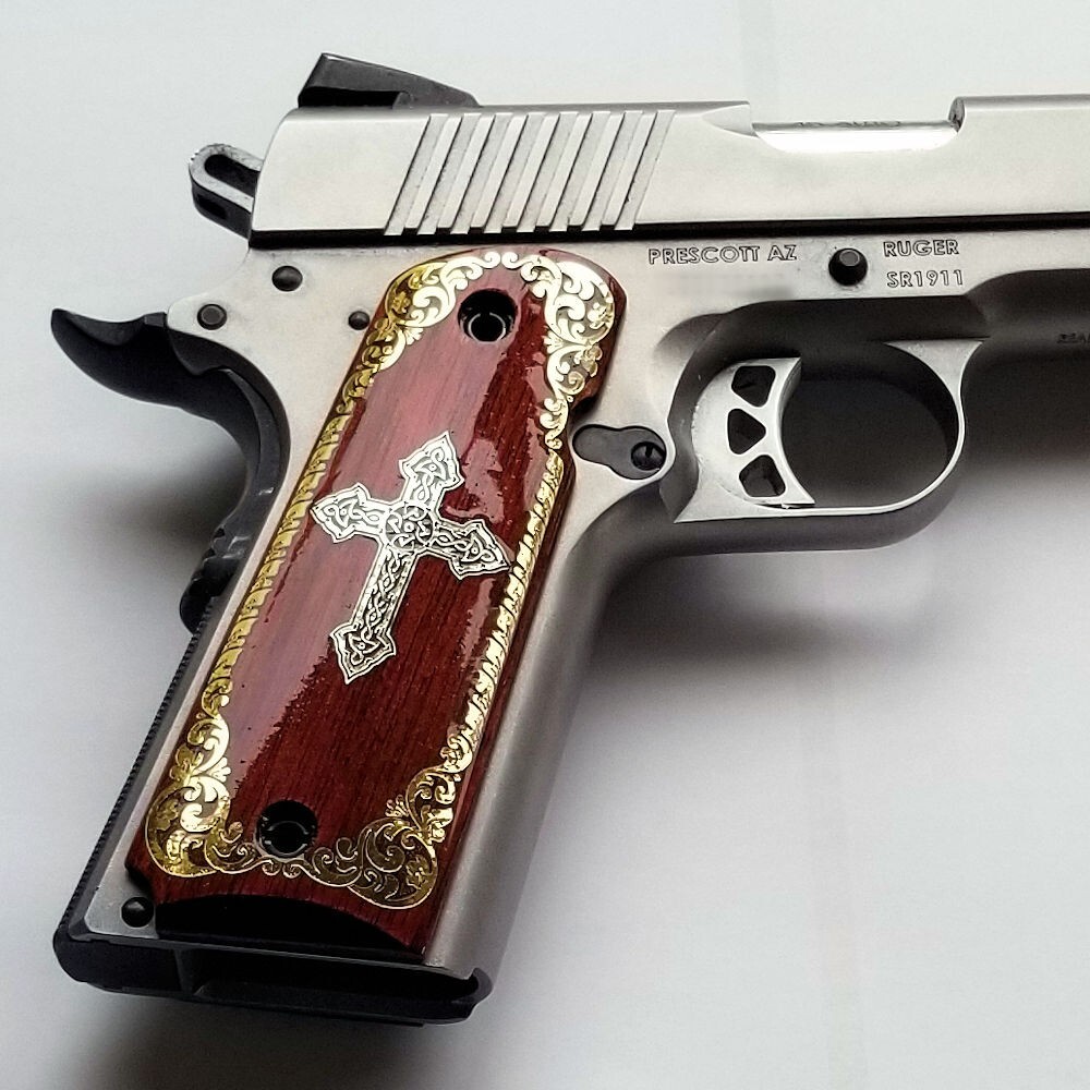 1911 full size custom engraved wood grips gold silver Psalm 23:4 Cross