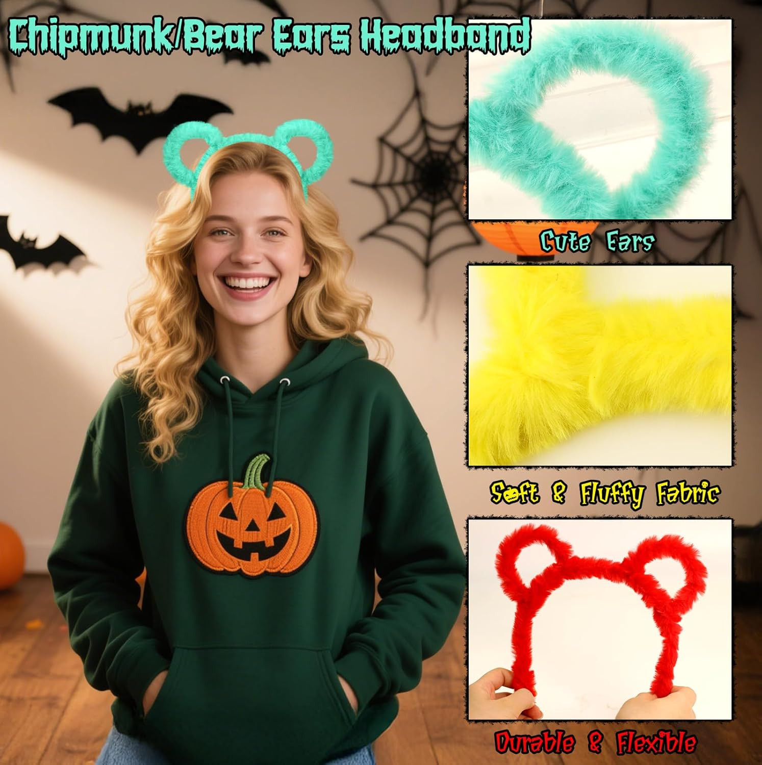 Chipmunk Ears Headband 3 Pack & round Frame Glasses for Chipmunk Costume, Women