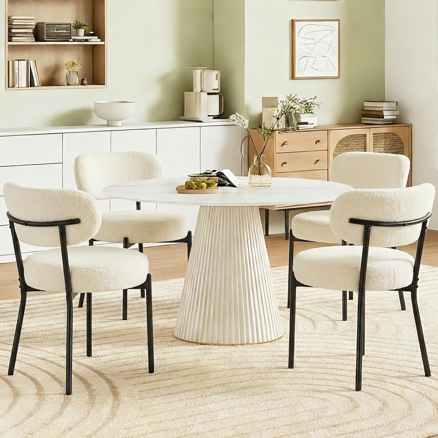 Set of 4 dining chairs, upholstered boucle fabric, mid century modern, round