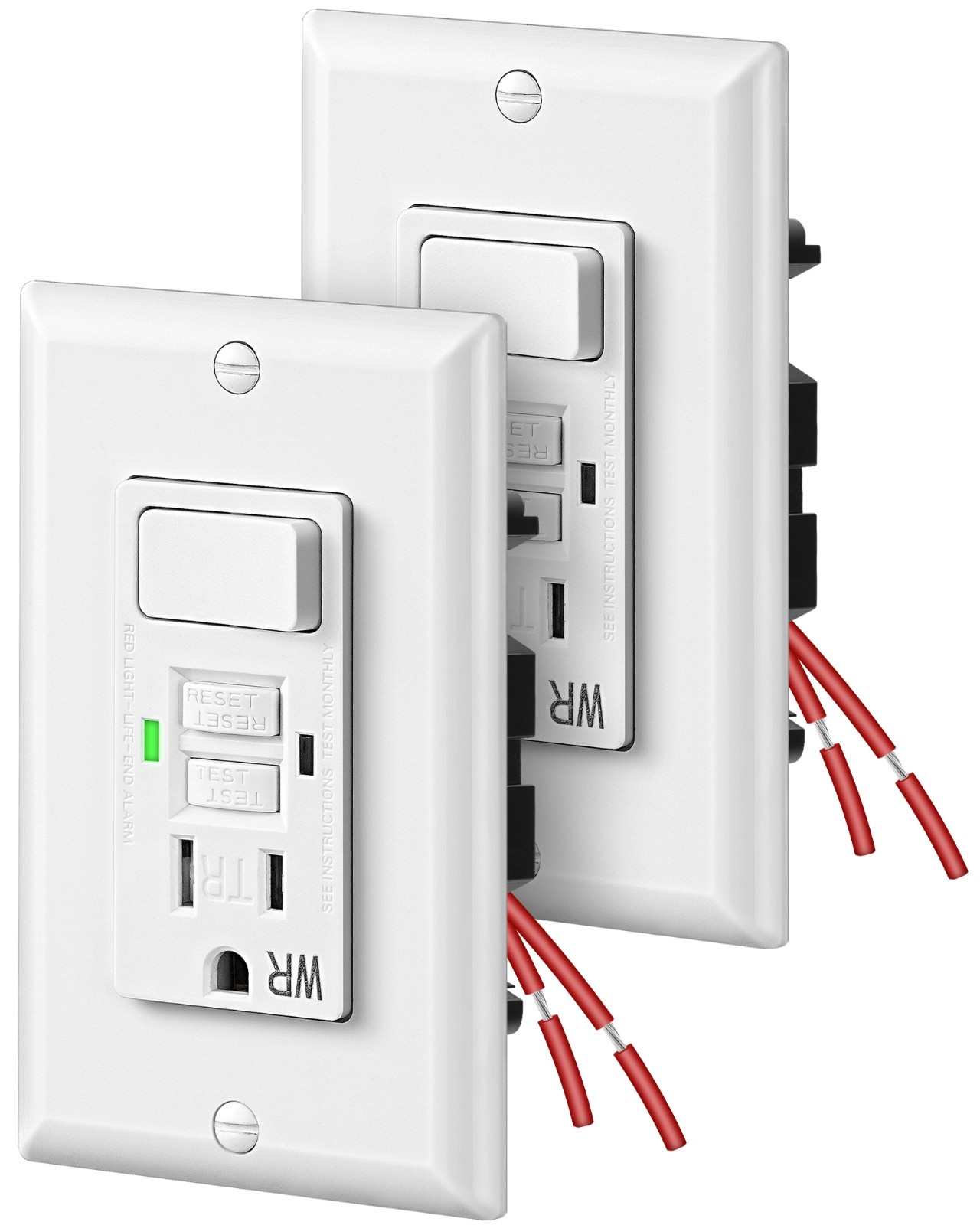 2 Pack GFCI Switch Outlet Combo 15A Self-Test LED Indicator Tamper Weather White