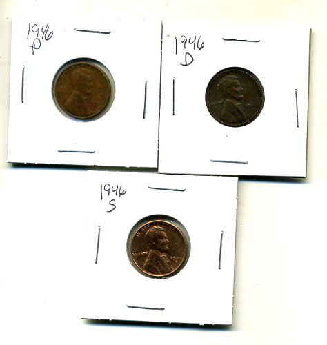 1946 P,D,S WHEAT PENNIES LINCOLN CENTS CIRCULATED 2X2 FLIPS 3 COIN PDS SET#1378