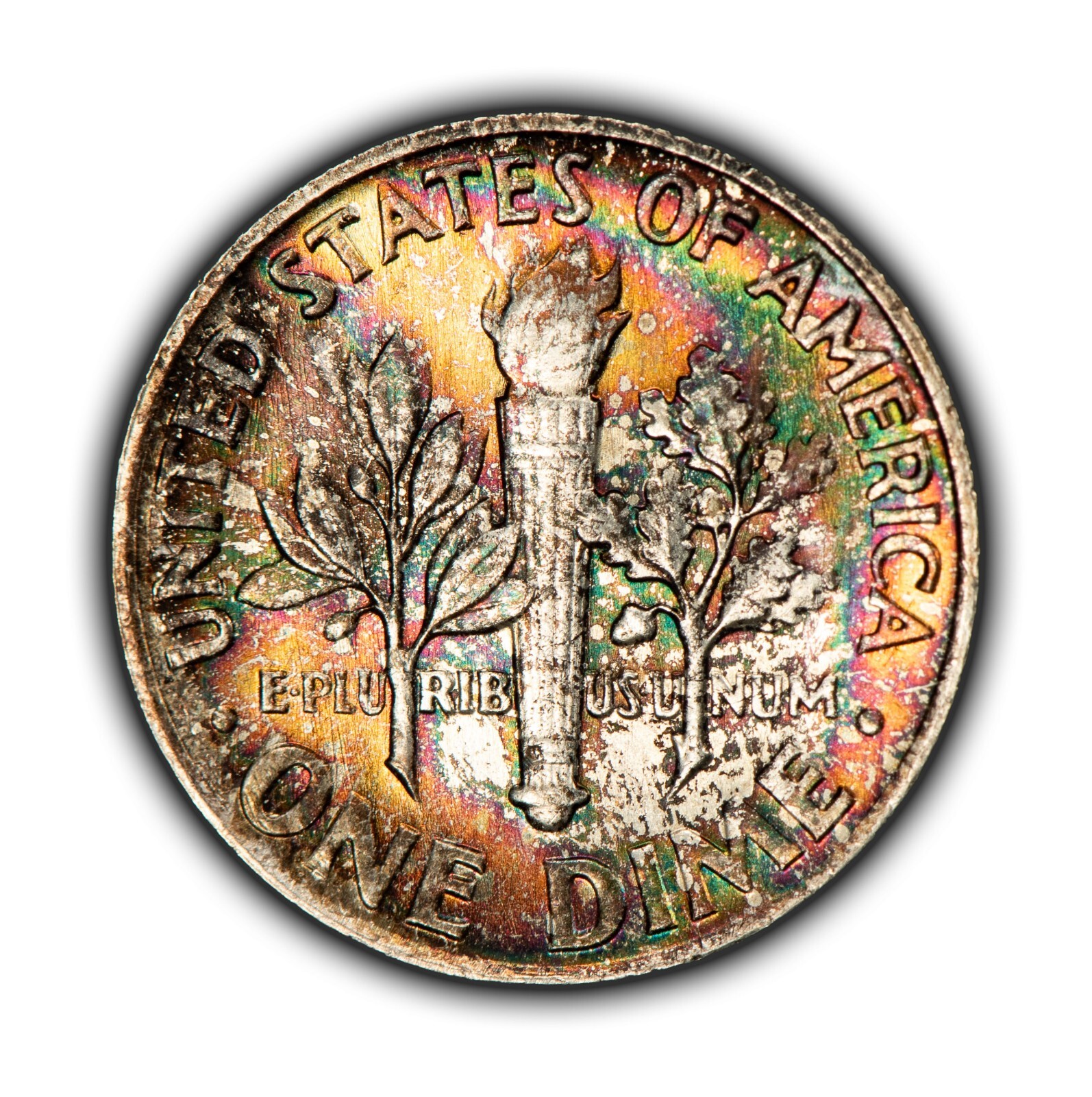 1964 10c Silver Roosevelt Dime - PQ Dramatic Rainbow Toning - BU - Y5700