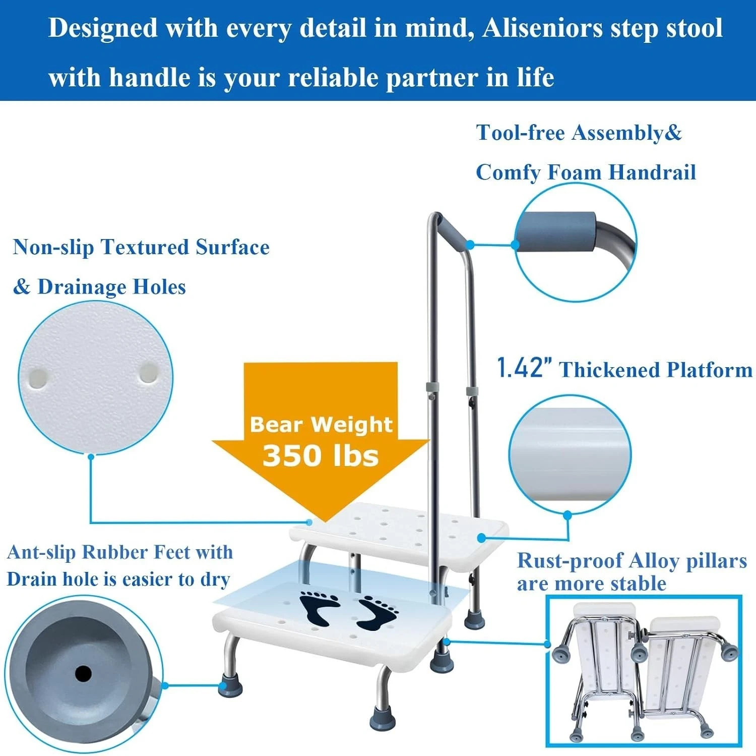 AHeavy Duty 2 Steps Medical Foot Stool Adjustable elderly Step Stool with Handle