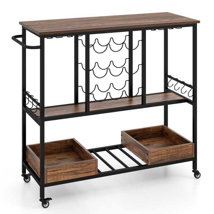 3 Tiers Rolling Kitchen Trolley Cart Home Serving Cart Storage With Glass Racks