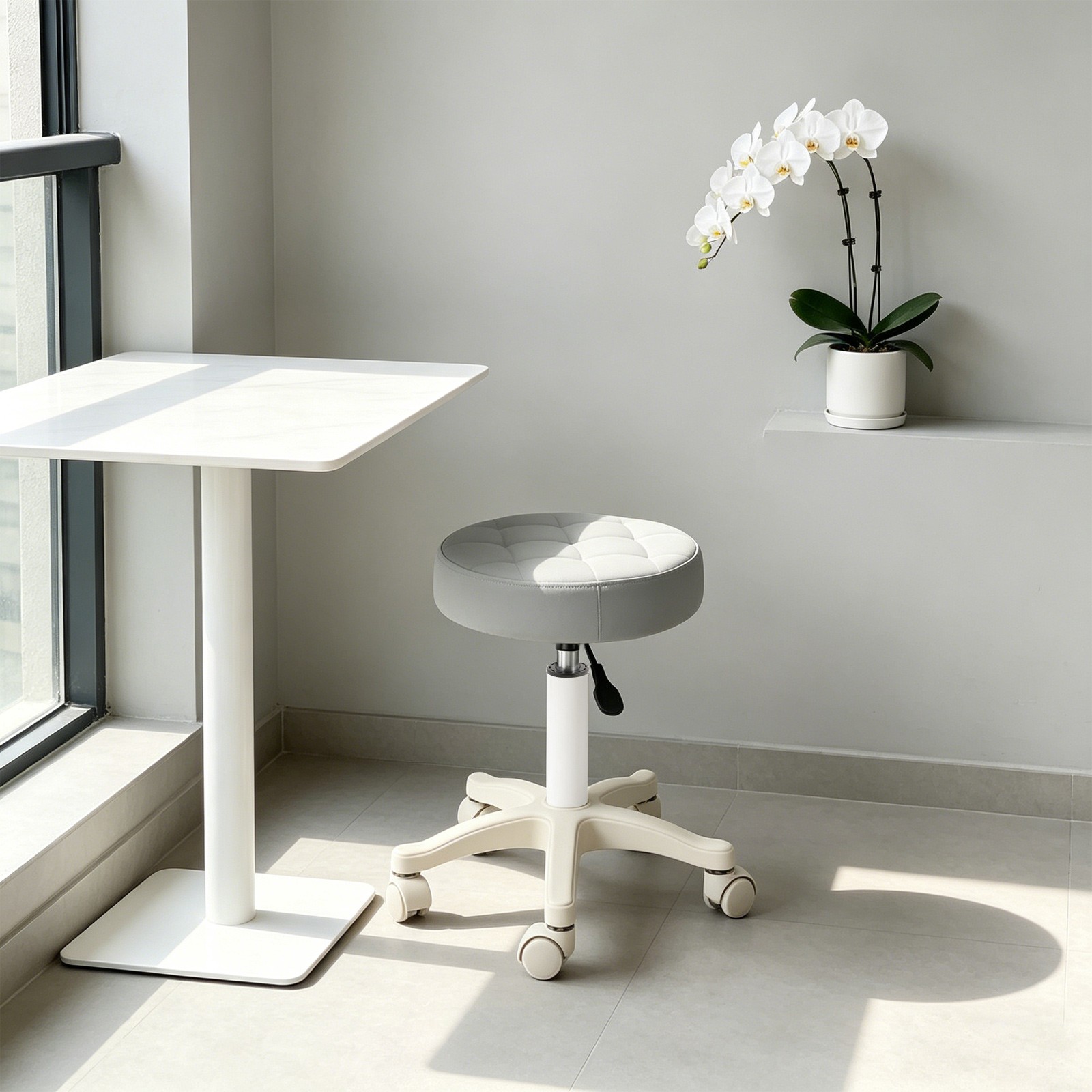 Light Grey Height Adjustable Bar Stool Round Rolling Stool Salon/Office Stool