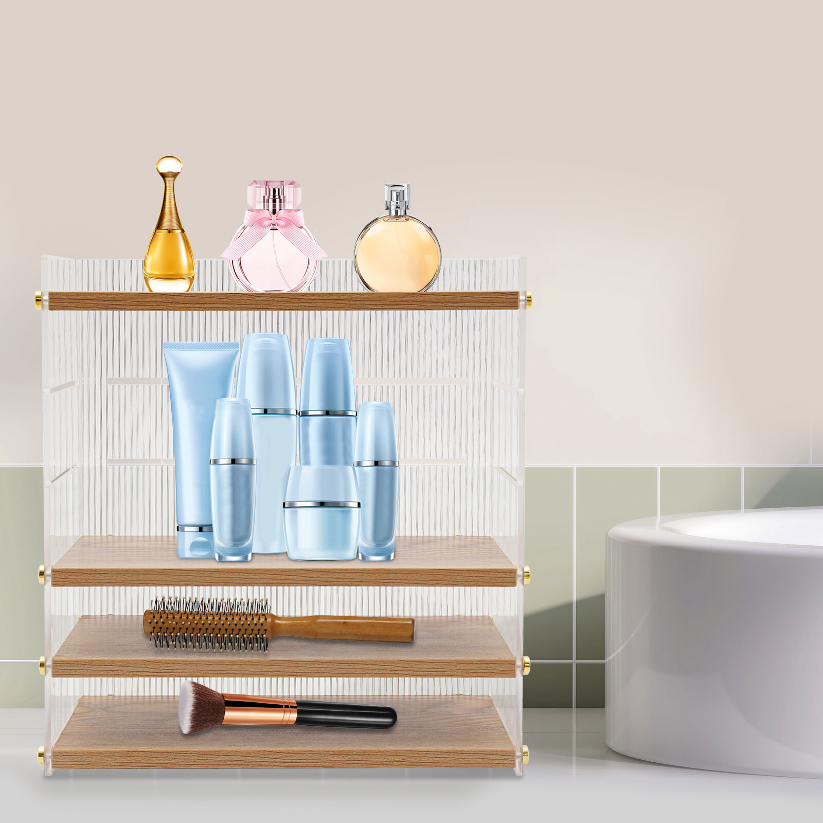 4 Tier Desk Organizer, Desktop Storage Cabinet, Storage Box Wood, Clear New US！