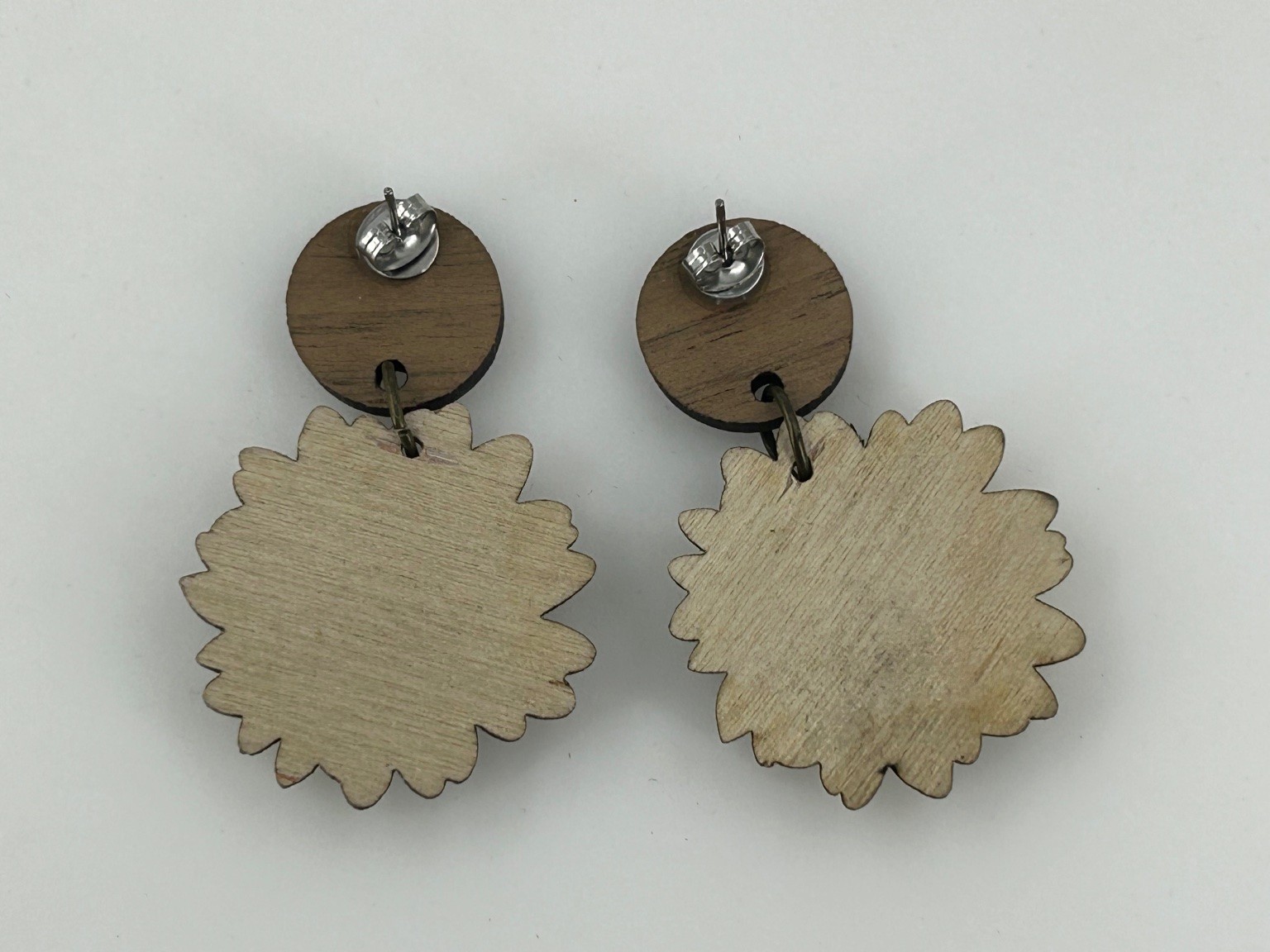 Sunflower Dangle Drop Earrings Silver Tone Wood Floral Rustic