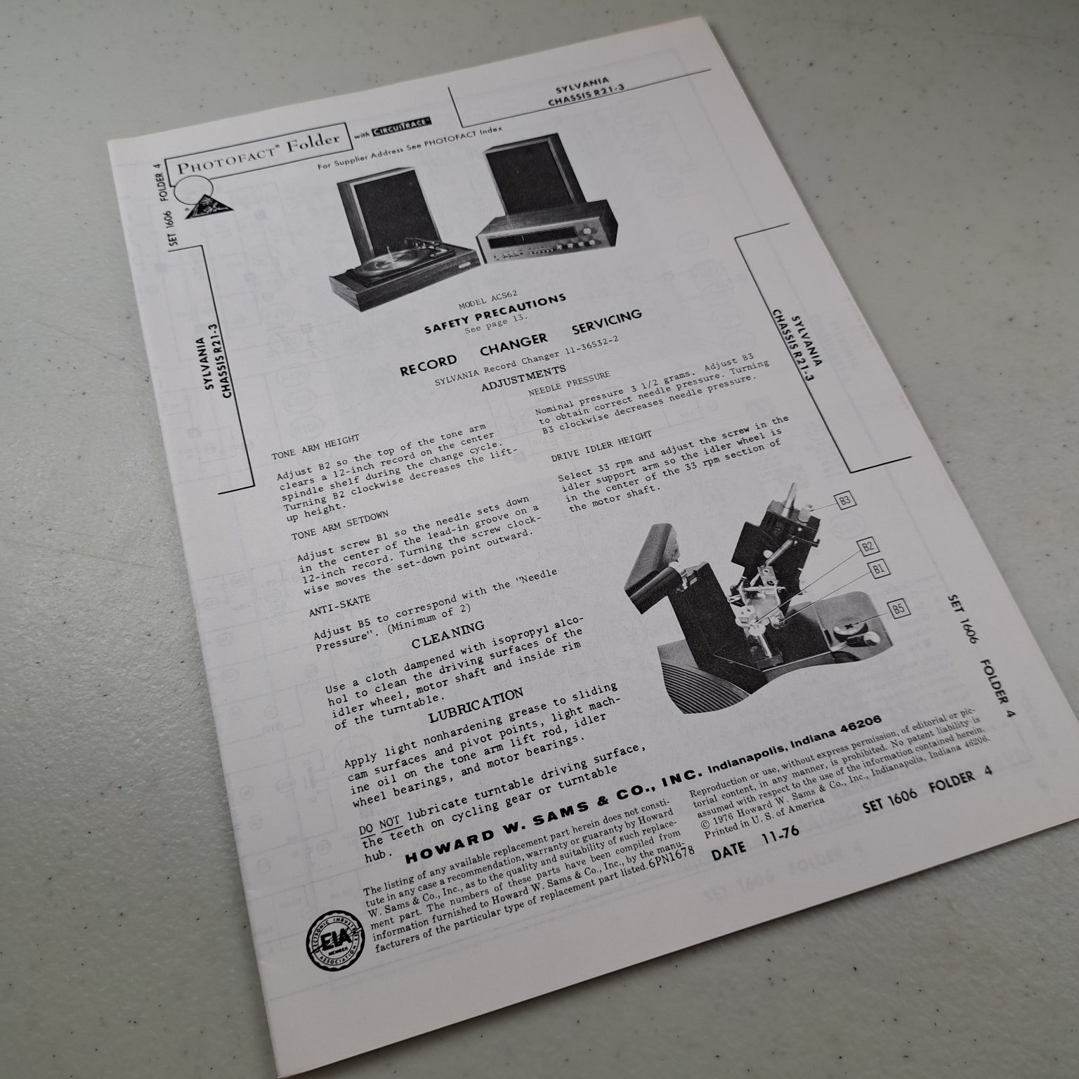 Sylvania Manual Record Changer ACS62 R21-3 1976 Photofact Servicing Illustrated