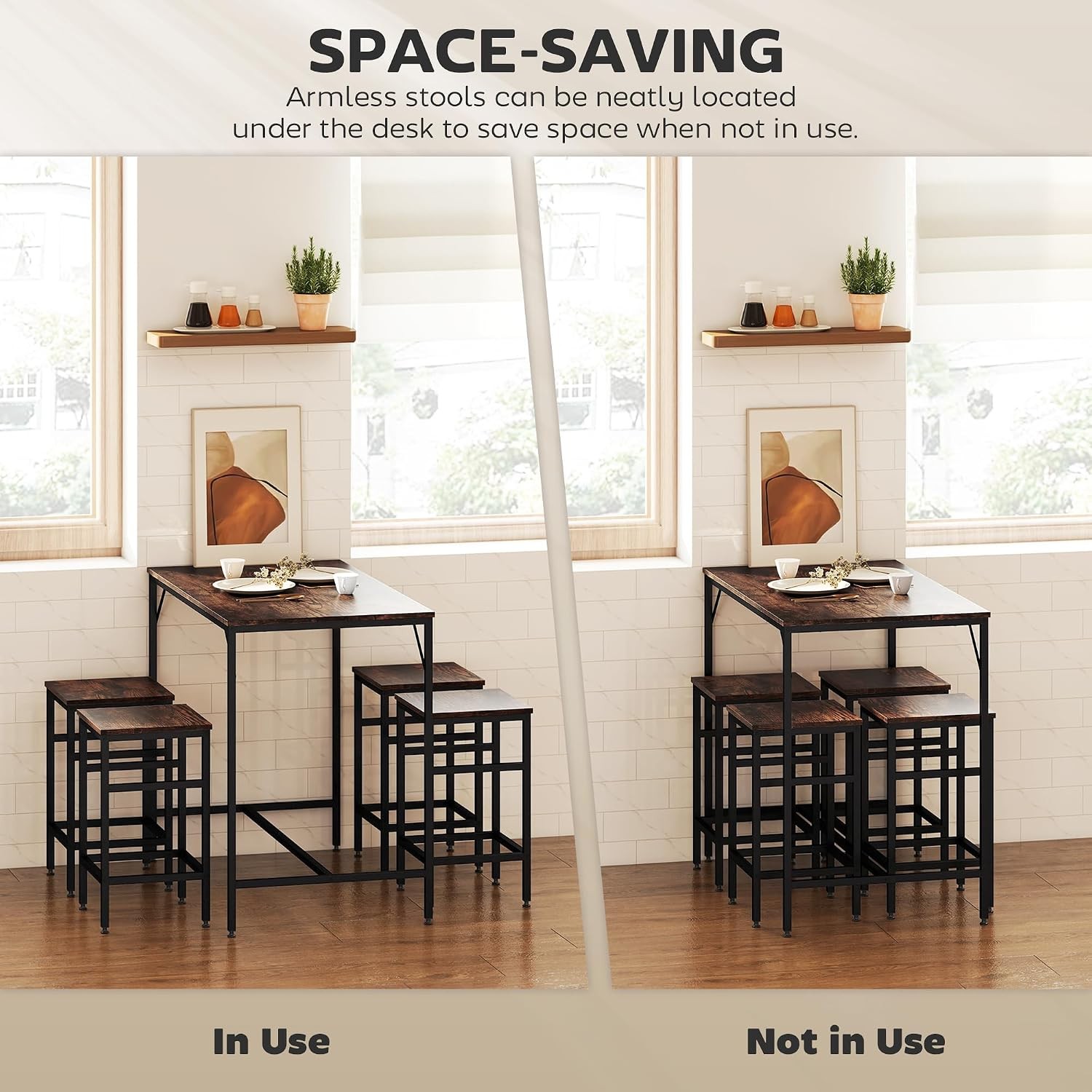 5-Piece Industrial Dining Table Set, Bar Table & 4 Stools Set, Space Saving for