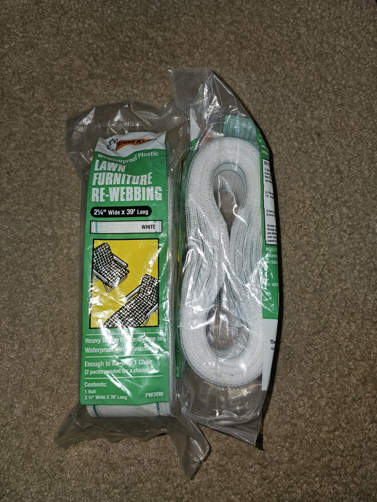 2 Vtg Frost King RE-WEB KIT Lawn Chair Webbing 39' 2.25" White Green Stripes NOS