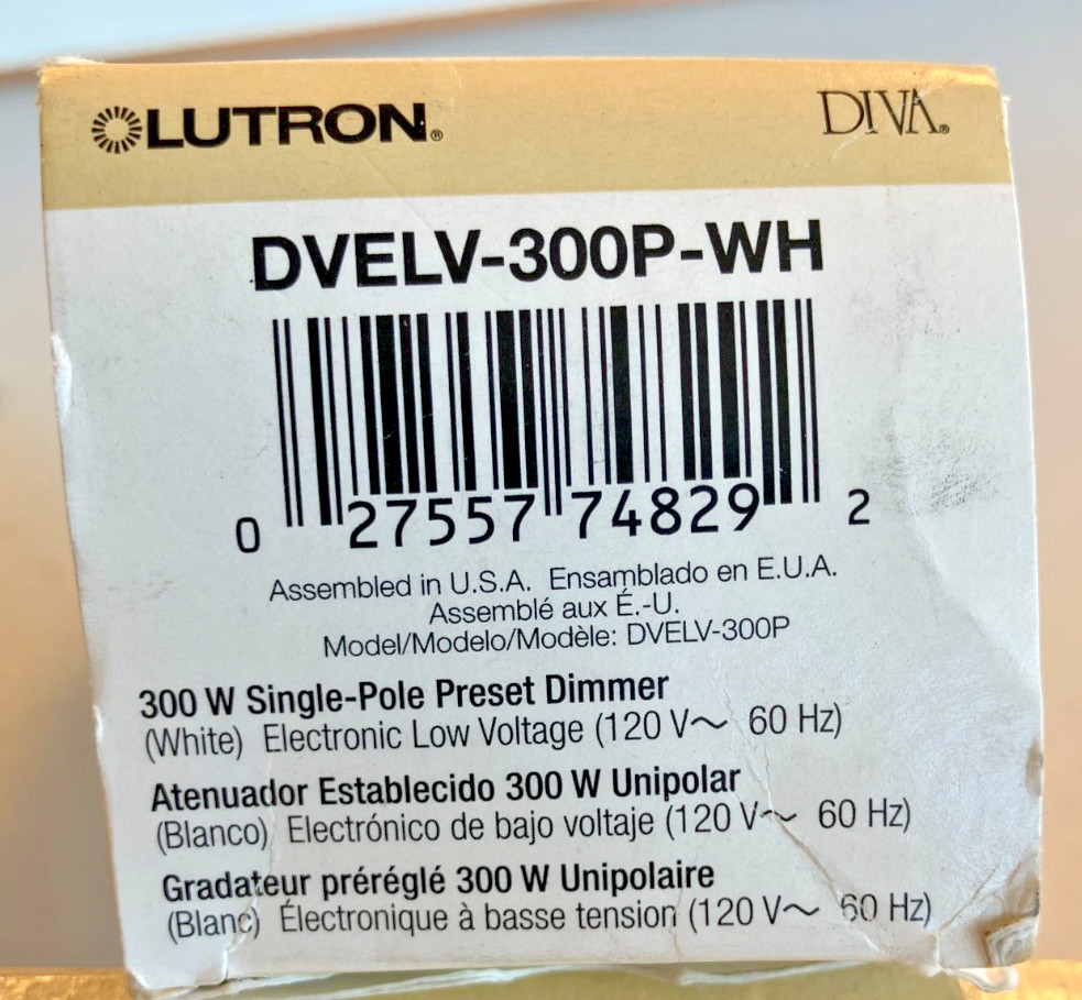 LUTRON 'DIVA' 300W SINGLE POLE PRESET DIMMER DVELV-300P-W