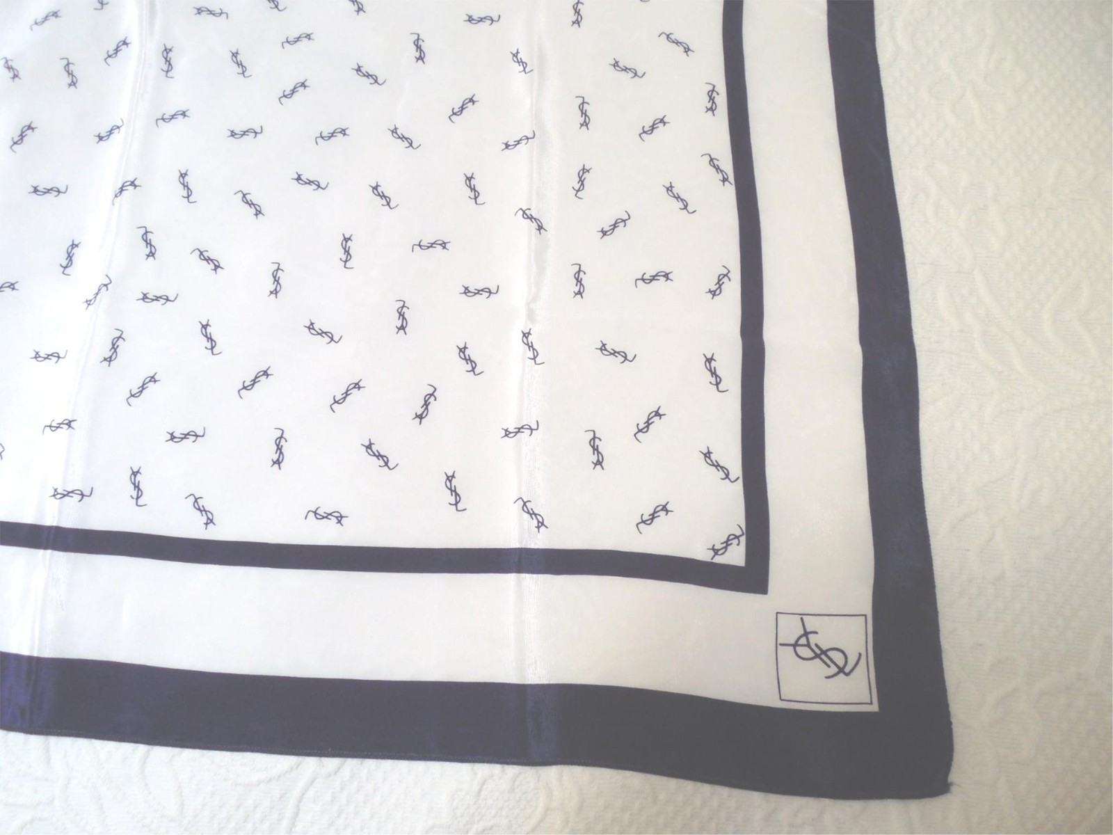 YSL Yves Saint Laurent Navy and White Silk Logo Scarf 29 X 30 in