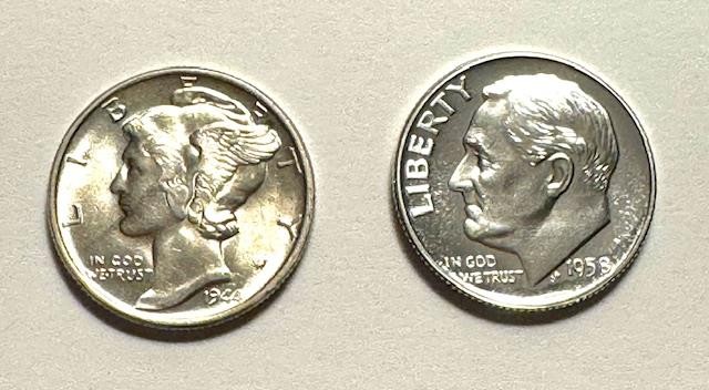 1944 Mercury Dime Gem Brilliant Uncirculated & 1958 Proof Roosevelt Dime Sharp!